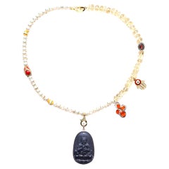 CLARISSA BRONFMAN Pearl Quartz Ruby Gold Asymmetrical Necklace & Volcanic Buddha