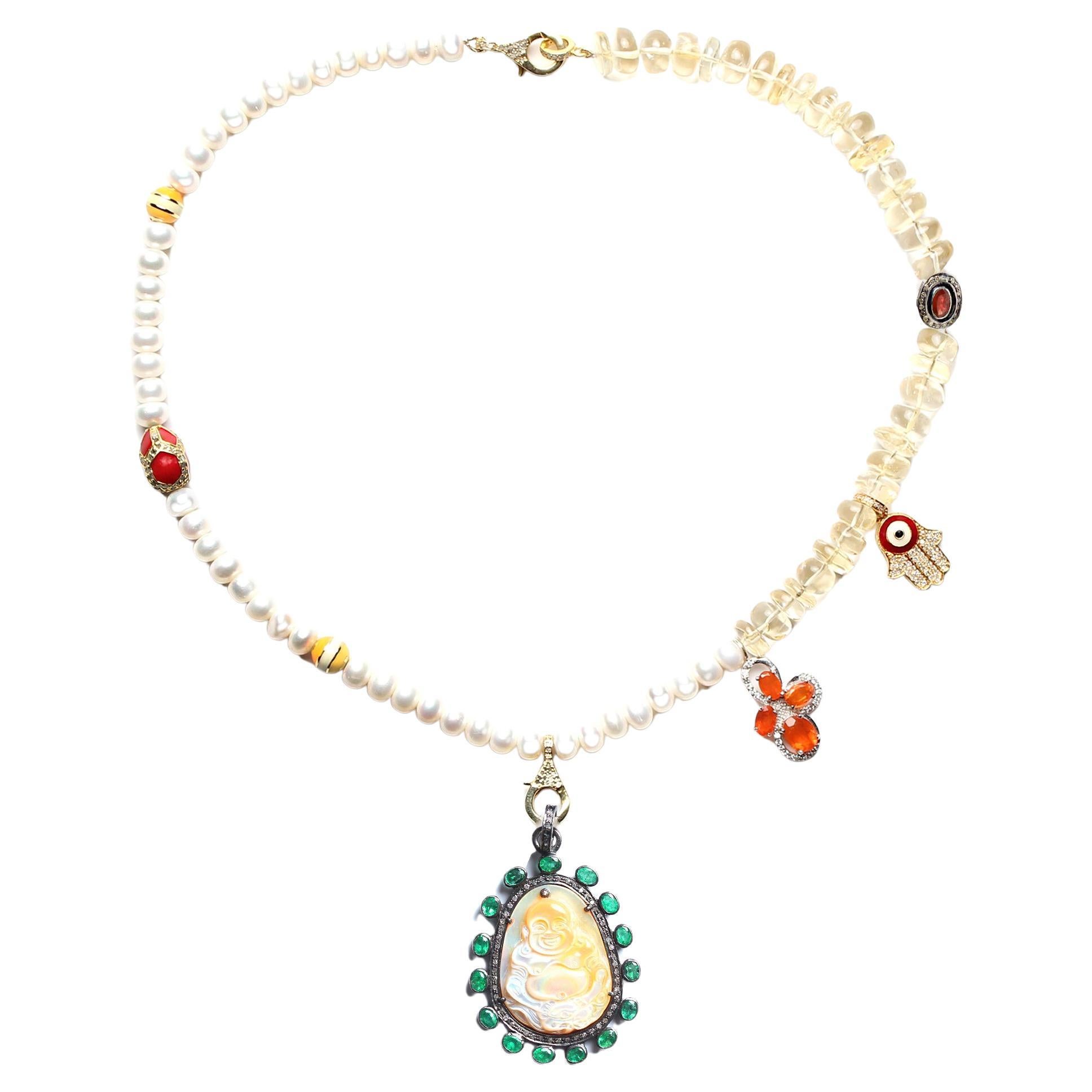 CLARISSA BRONFMAN Perle Rubin Diamant Asymmetrische Halskette Smaragd-Buddha-Anhänger im Angebot