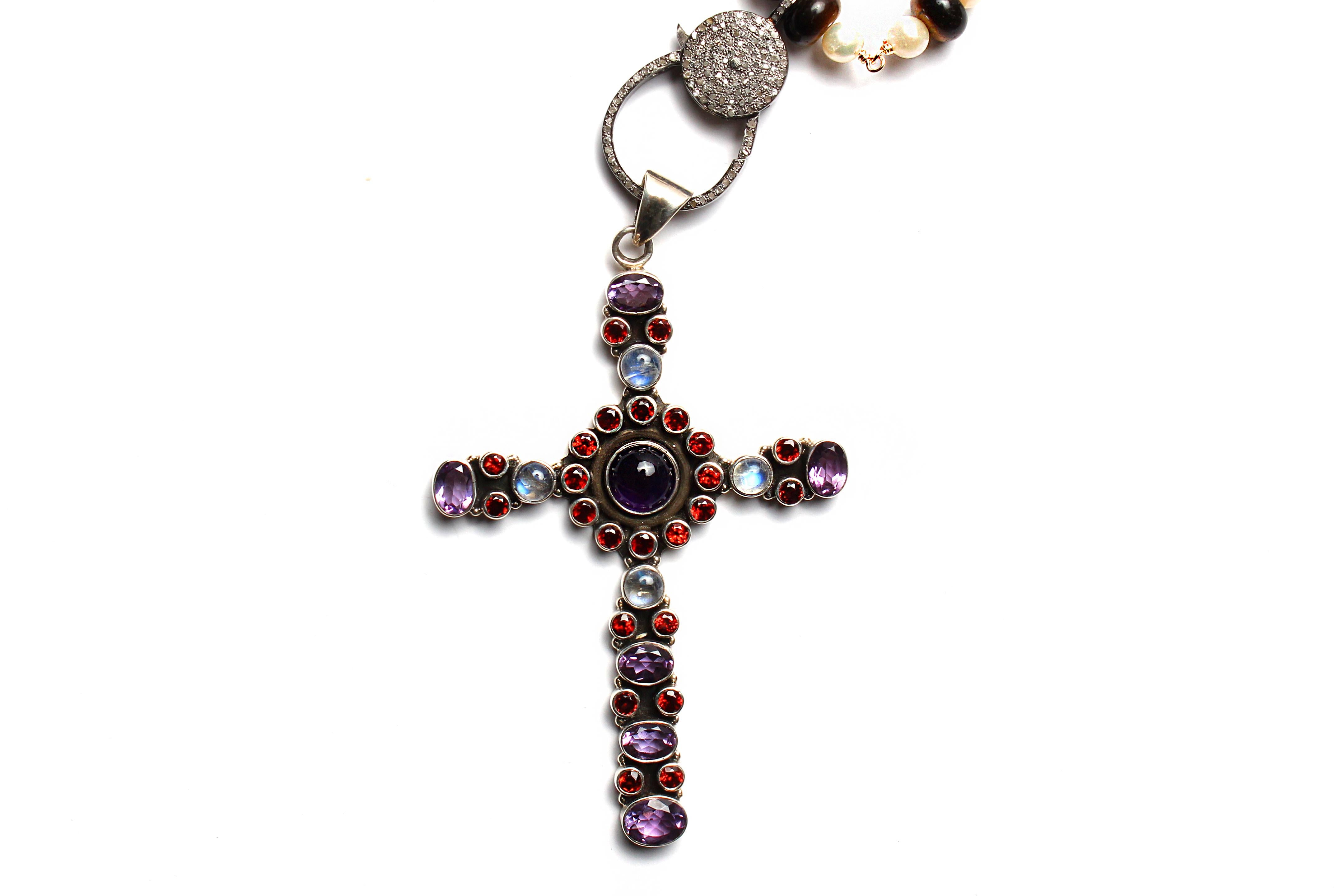 Clarissa Bronfman Perle Tigerauge Diamant Granat Amethyst Rosary & Kreuz für Damen oder Herren