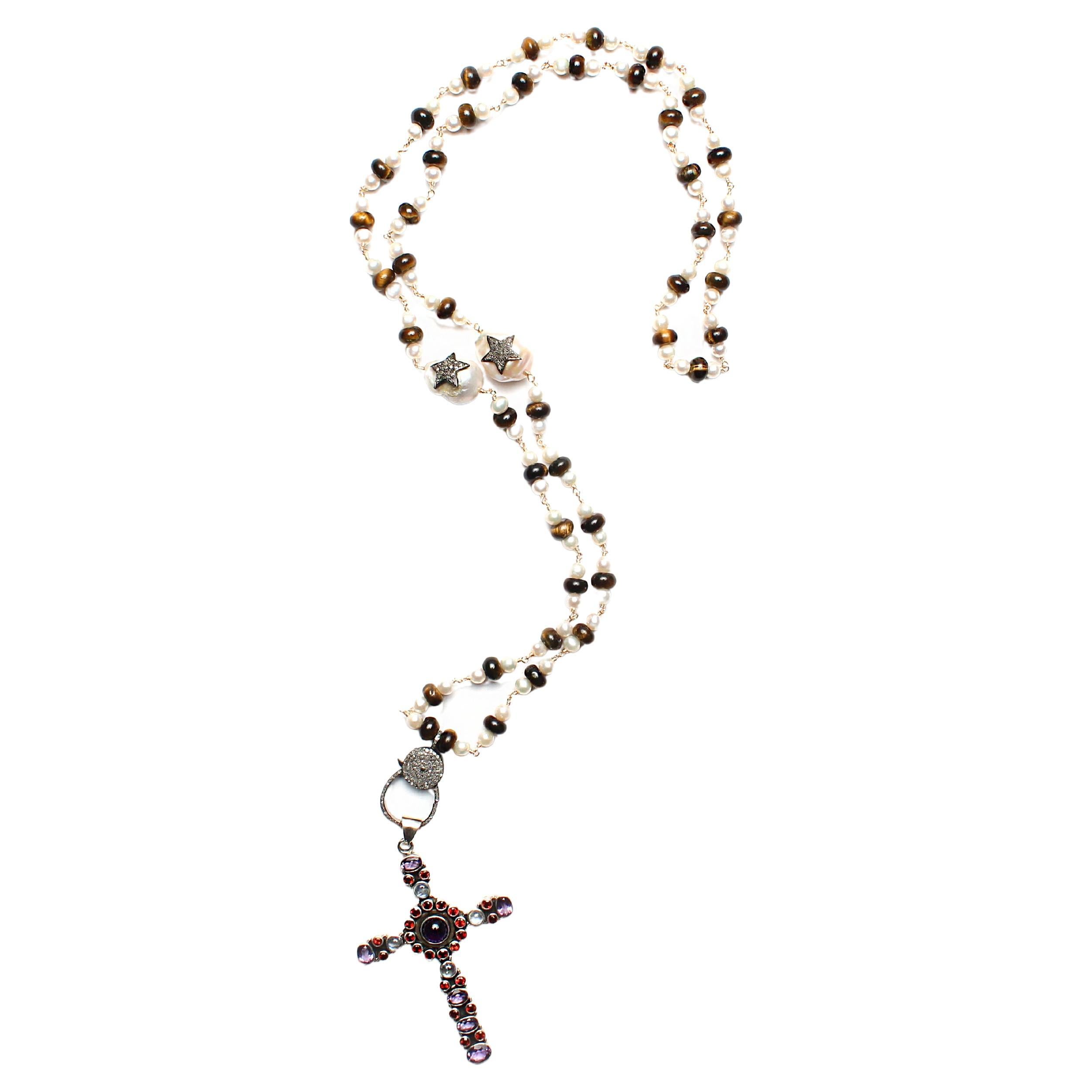 Clarissa Bronfman Pearl Tigers Eye Diamond Garnet Amethyst Rosary & Cross