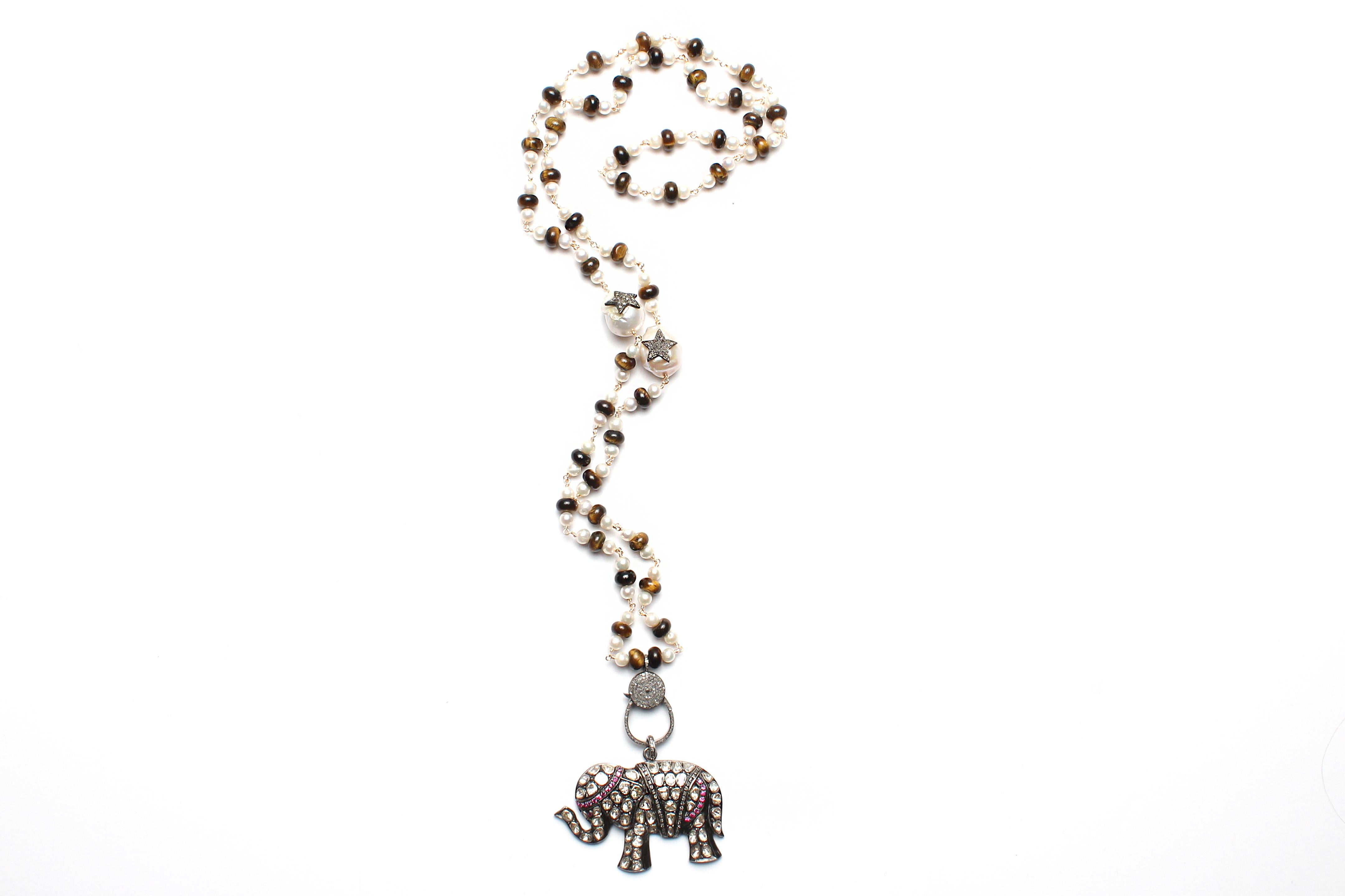 Contemporary Clarissa Bronfman Pearl Tigers Eye Diamond Rosary Diamond Ruby Elephant Pendant For Sale