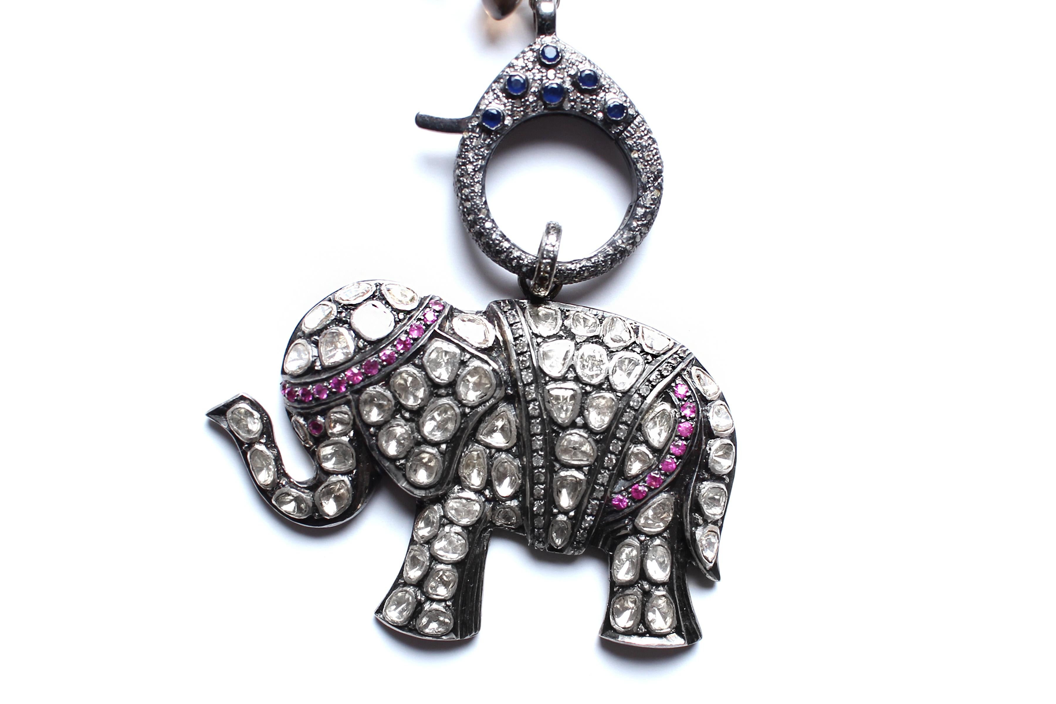 Rose Cut Clarissa Bronfman Pearl Tigers Eye Diamond Rosary Diamond Ruby Elephant Pendant For Sale