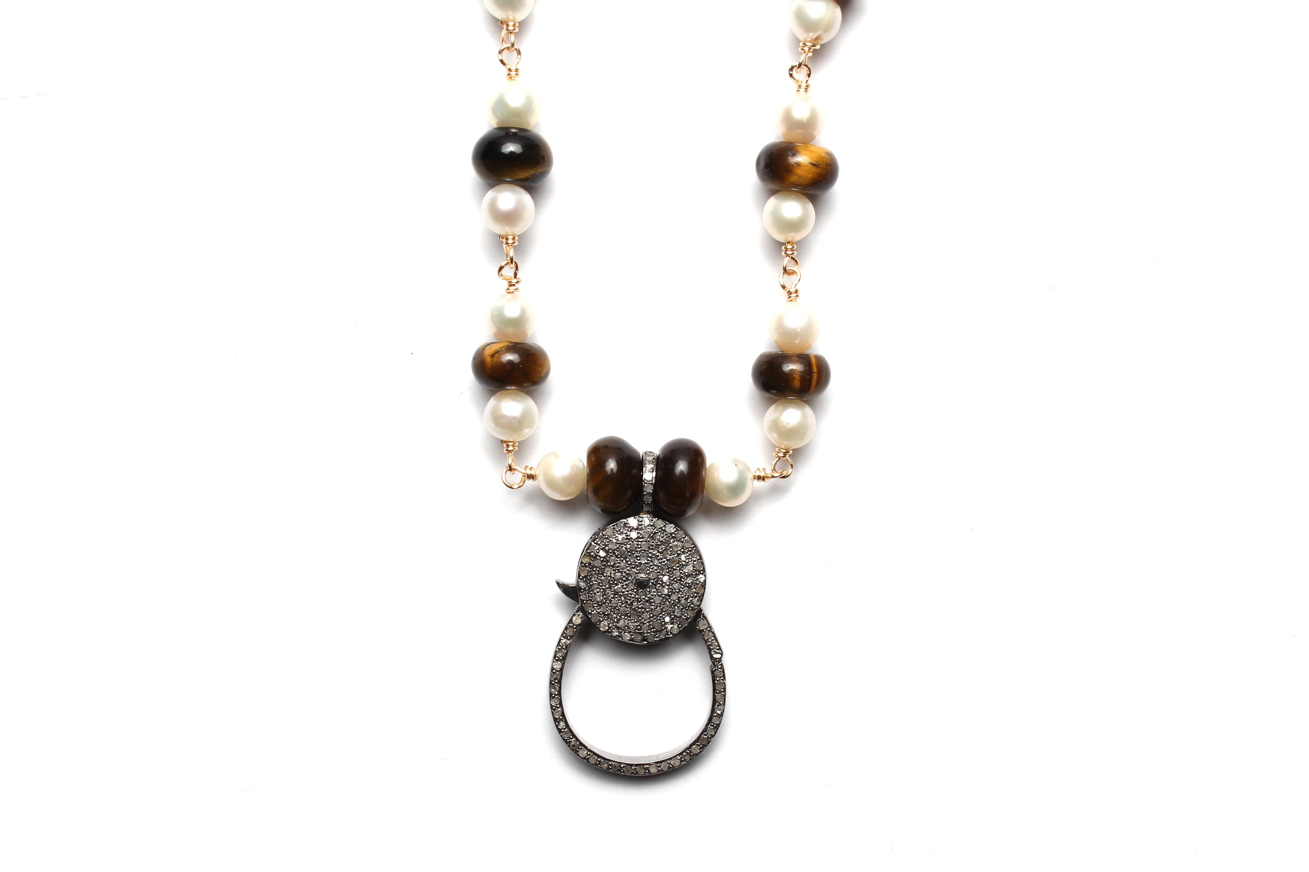 CLARISSA BRONFMAN Pearl Tiger's Eye Rosary & Ebony Diamond 14k Gold Hand Pendant 5