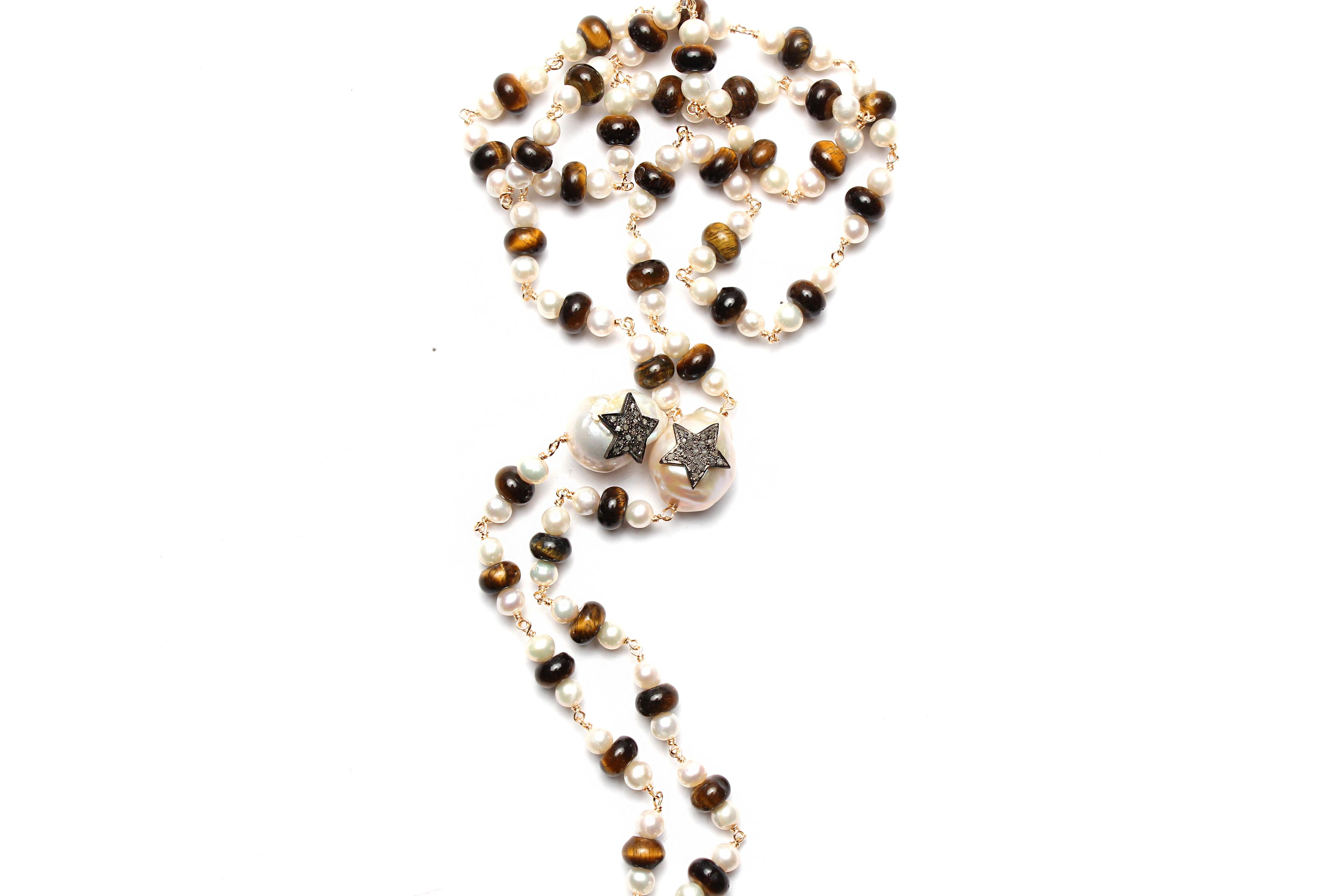 CLARISSA BRONFMAN Pearl Tiger's Eye Rosary & Ebony Diamond 14k Gold Hand Pendant 6