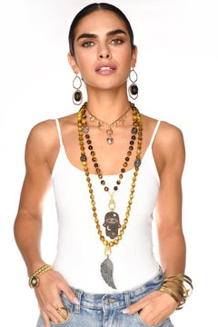 CLARISSA BRONFMAN Pearl Tiger's Eye Rosary & Ebony Diamond 14k Gold Hand Pendant