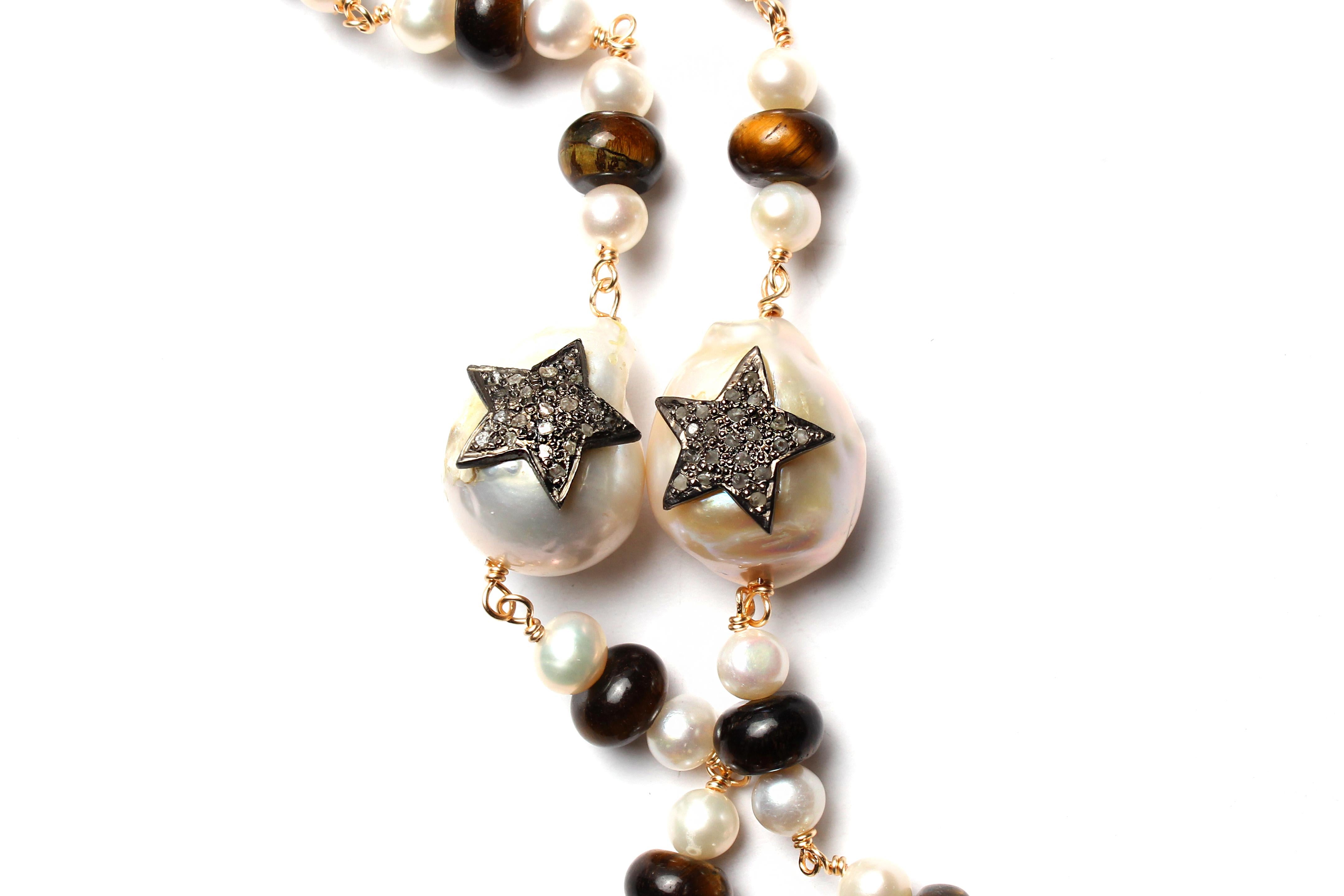 CLARISSA BRONFMAN Pearl Tiger's Eye Rosary & Ebony Diamond 14k Gold Hand Pendant 1