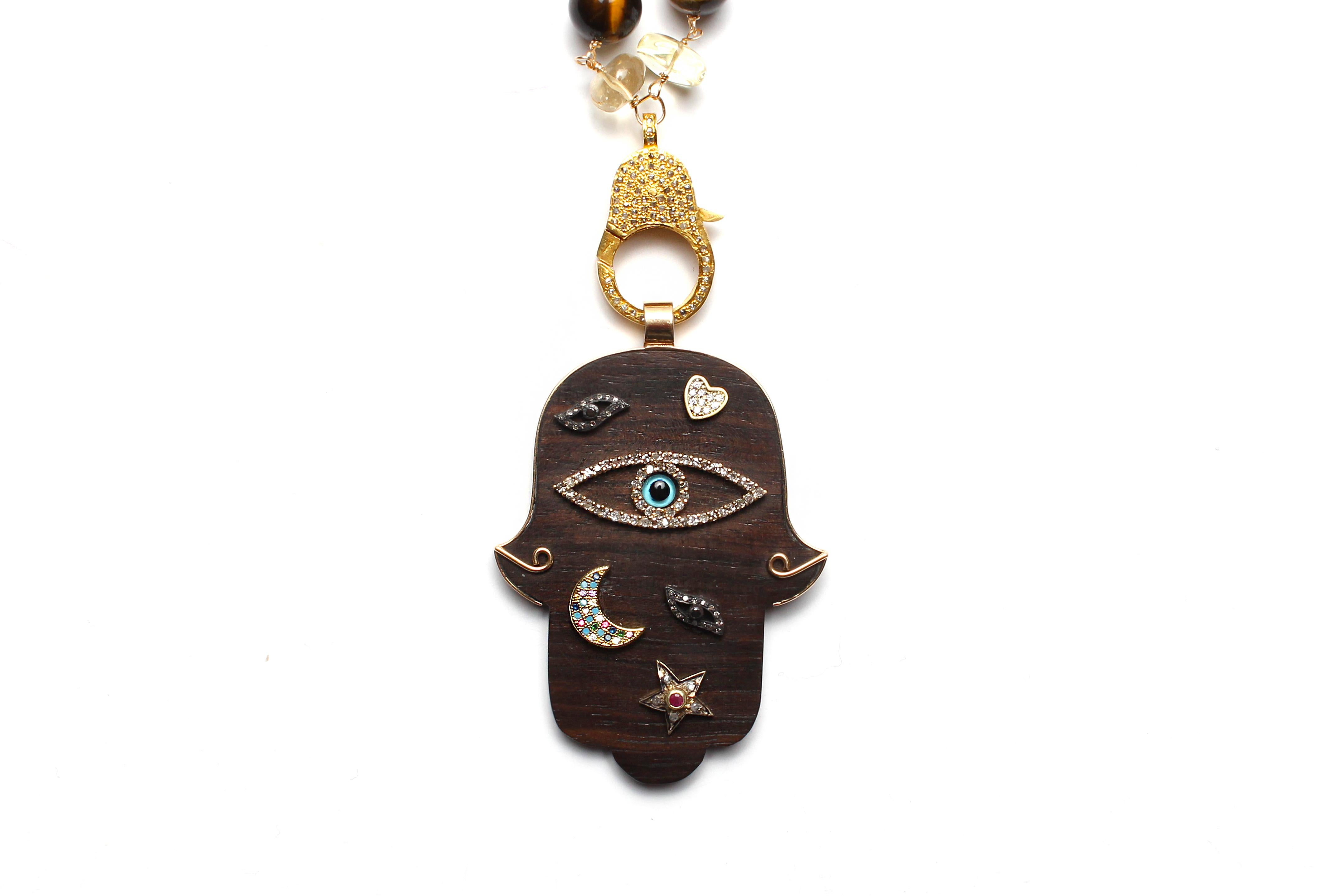 CLARISSA BRONFMAN Pearl Tiger's Eye Rosary & Ebony Diamond 14k Gold Hand Pendant 3