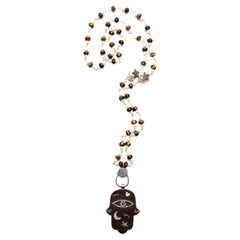 CLARISSA BRONFMAN Pearl Tiger's Eye Rosary & Ebony Diamond 14k Gold Hand Pendant