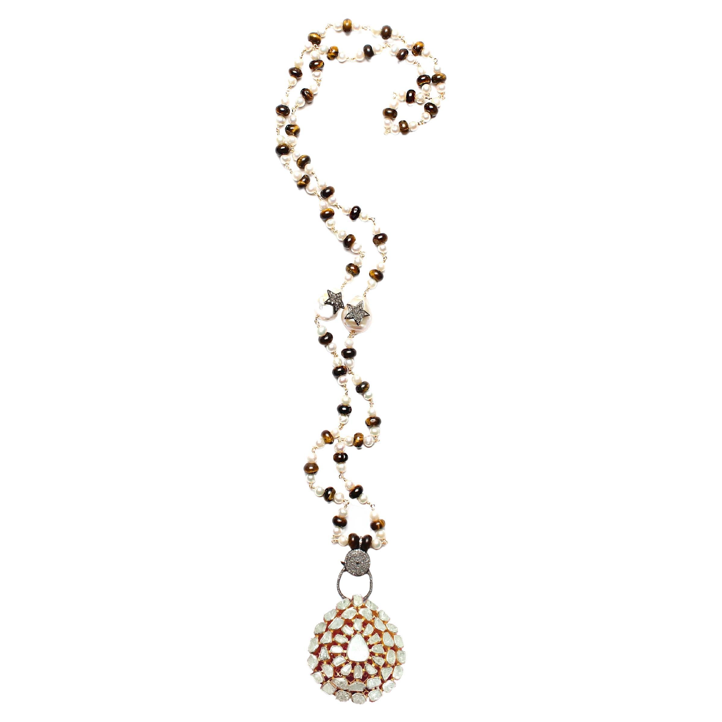 Grand pendentif lariSSA BRONFMAN Pearl TigersEye Diamond Rosary & Rose Cut Diamond en vente