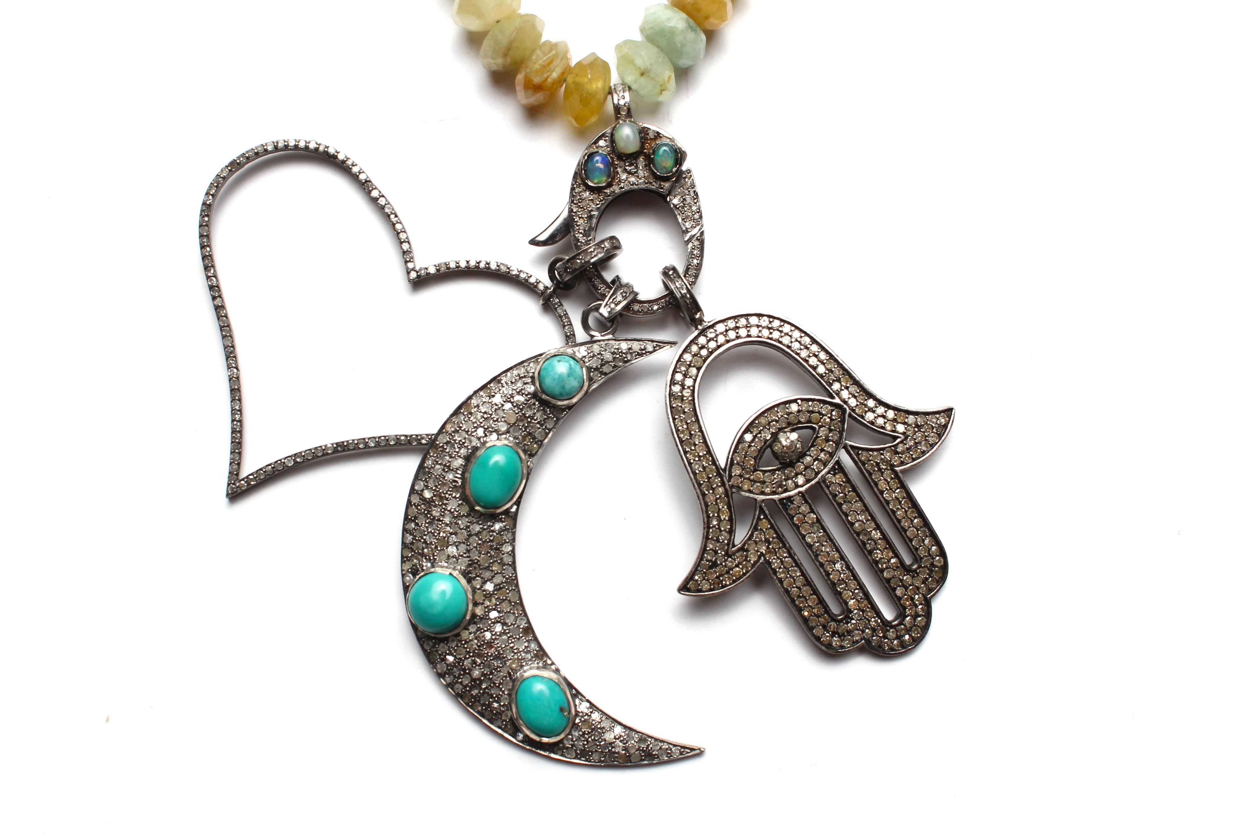 Women's or Men's CLARISSA BRONFMAN Peridot Emerald Bone Necklace & Turquoise Diamond SymbolCharms For Sale
