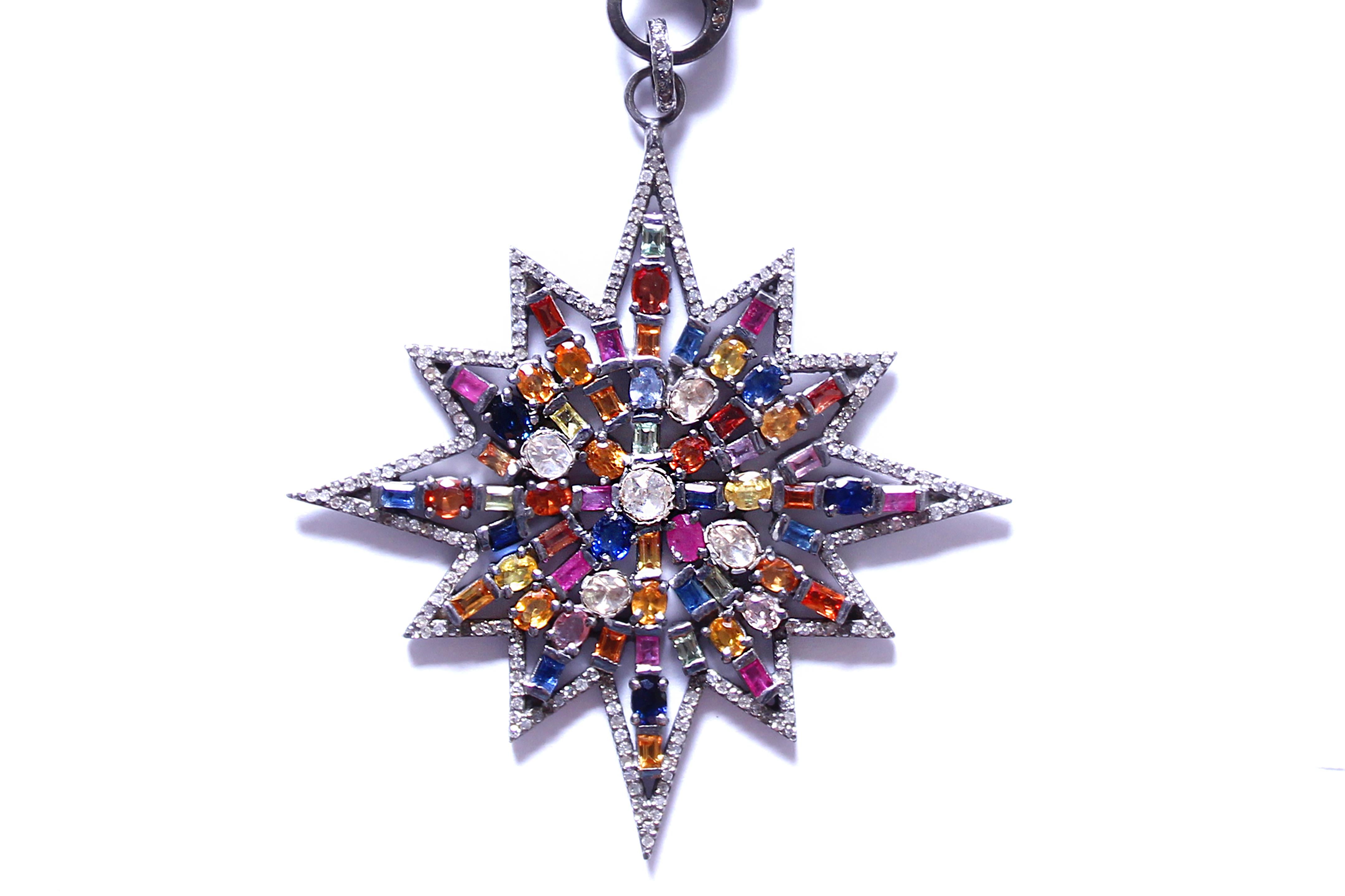 Contemporary Clarissa Bronfman Pink Agate Diamond Sapphire Peridot Starburst Pendant Necklace