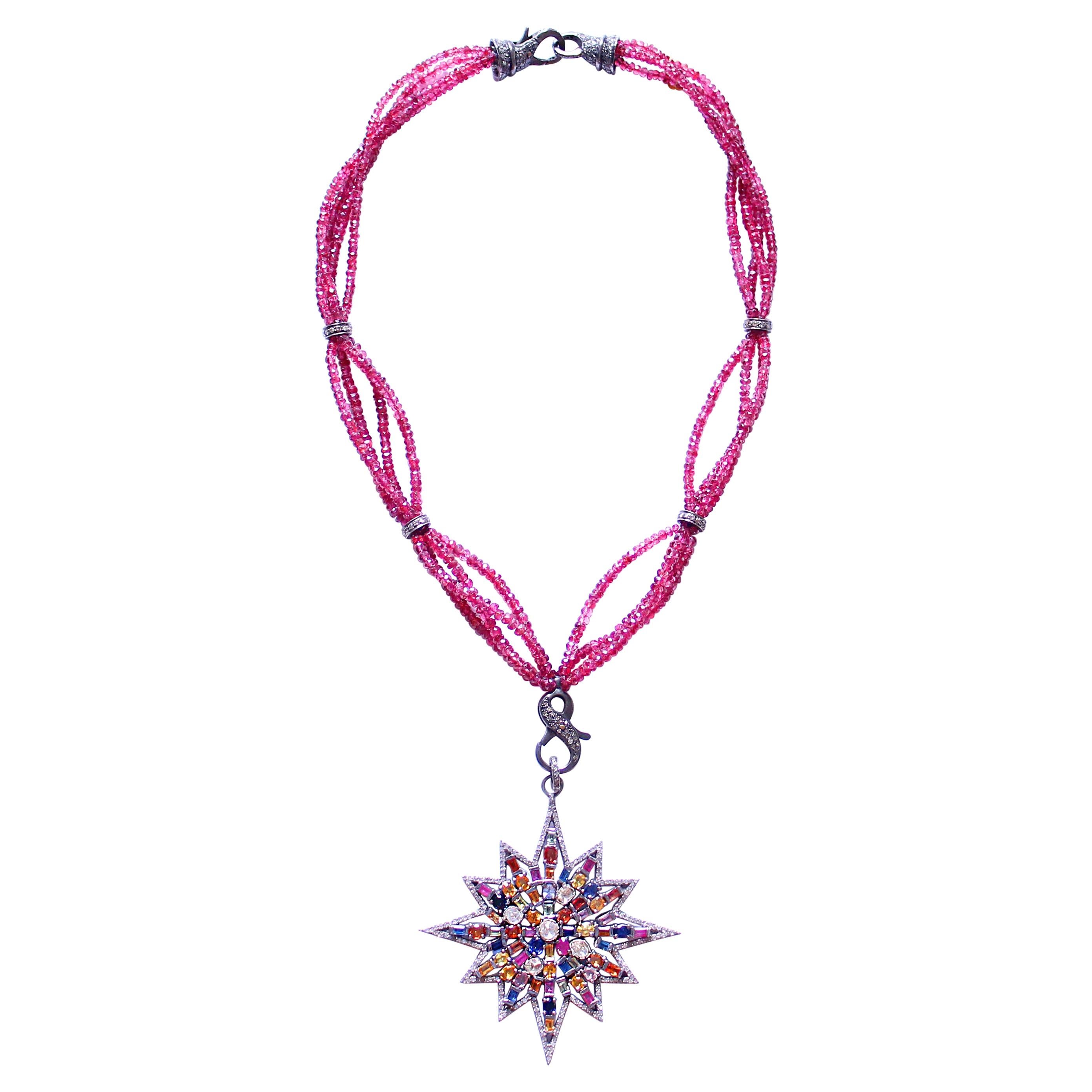 Clarissa Bronfman Pink Agate Diamond Sapphire Peridot Starburst Pendant Necklace