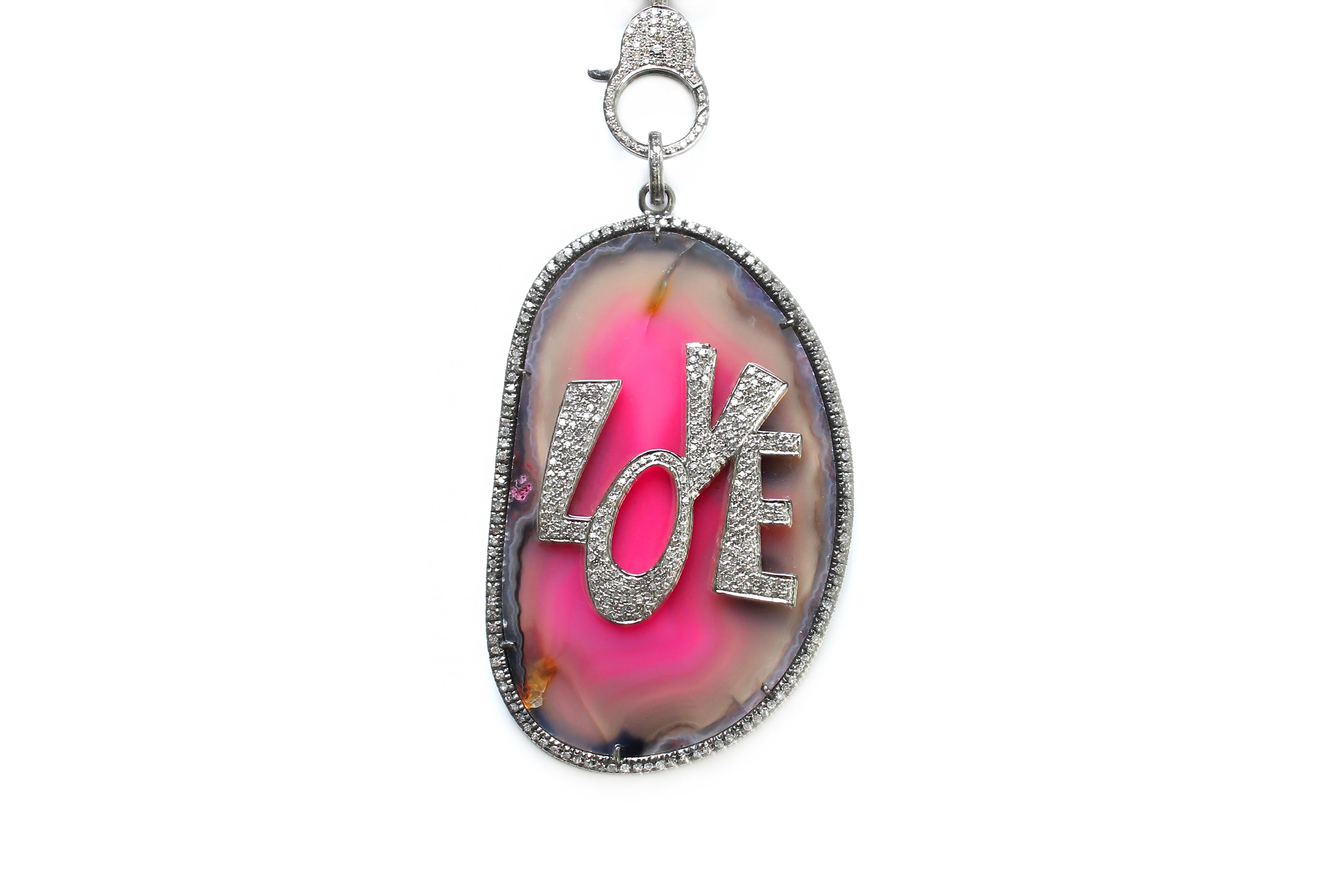 Contemporary Clarissa Bronfman Pink Agate 'Love' Lapis, Diamond, Silver, Ruby Beaded Necklace