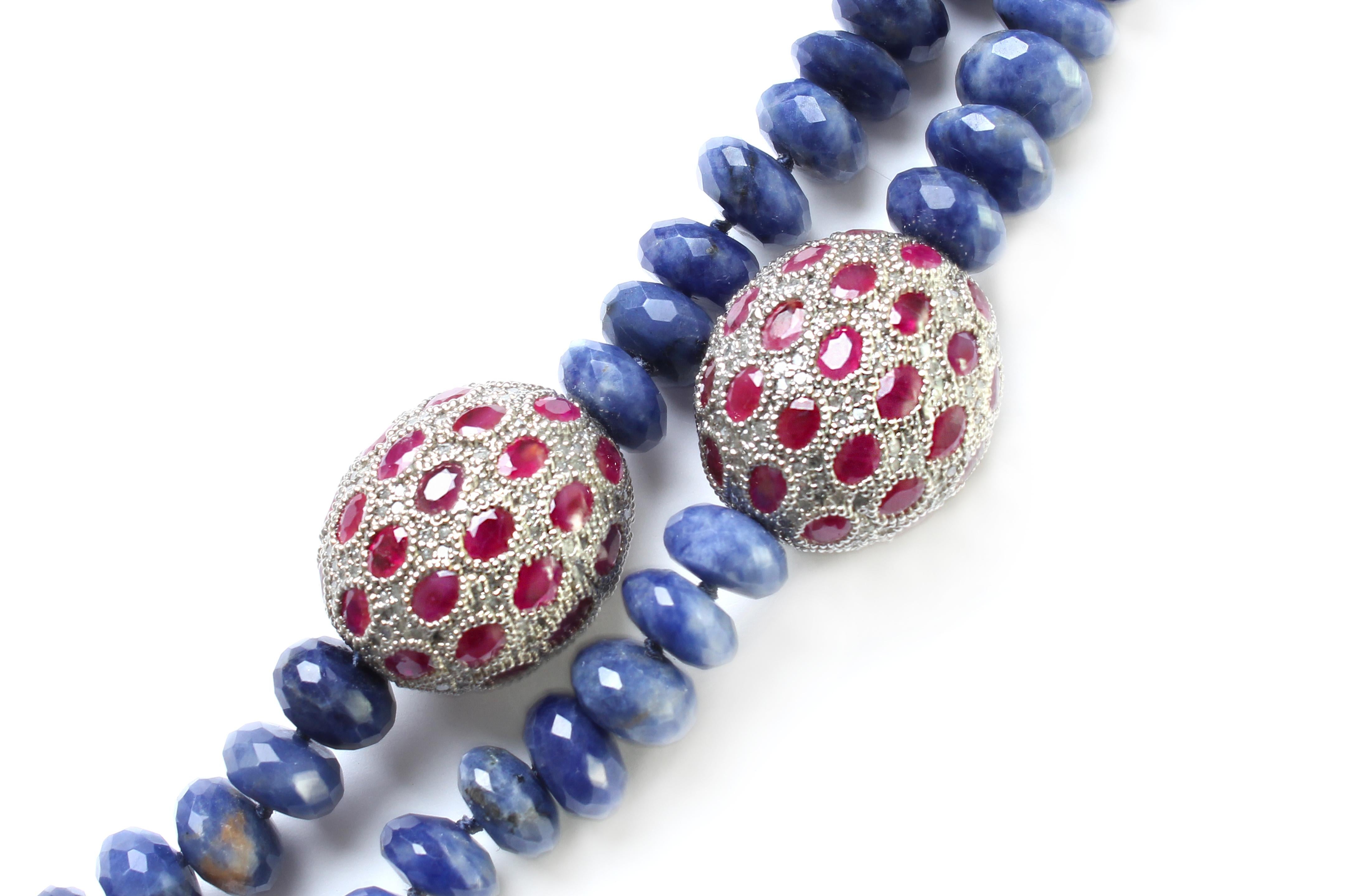 Clarissa Bronfman Pink Agate 'Love' Lapis, Diamond, Silver, Ruby Beaded Necklace In New Condition In New York, NY