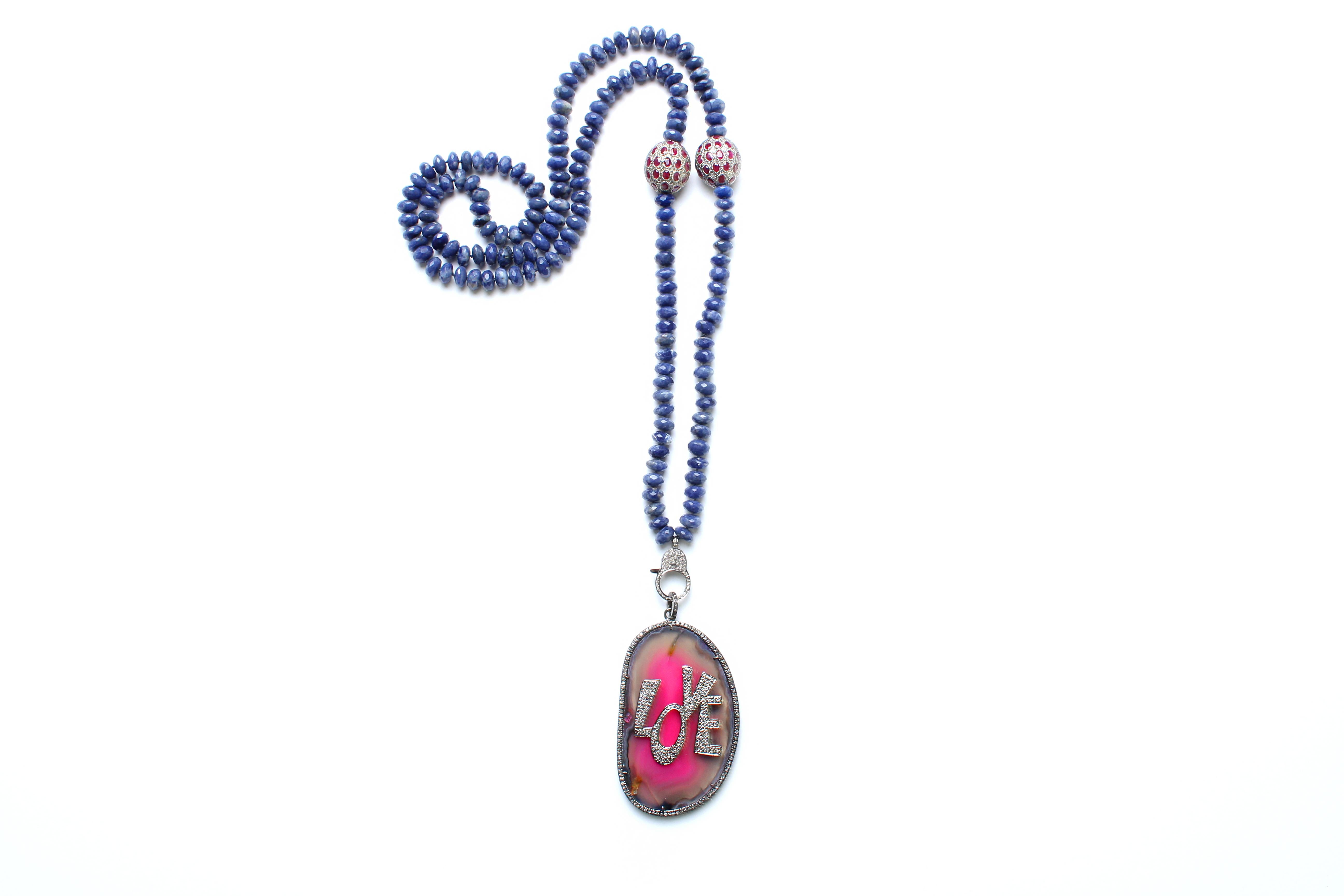 Women's or Men's Clarissa Bronfman Pink Agate 'Love' Lapis, Diamond, Silver, Ruby Beaded Necklace