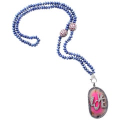 Clarissa Bronfman Pink Agate 'Love' Lapis, Diamond, Silver, Ruby Beaded Necklace