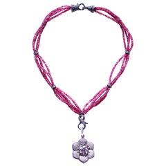 Clarissa Bronfman Pink Ruby Rose Cut Diamond Ruby Flower Pendant Beaded Necklace