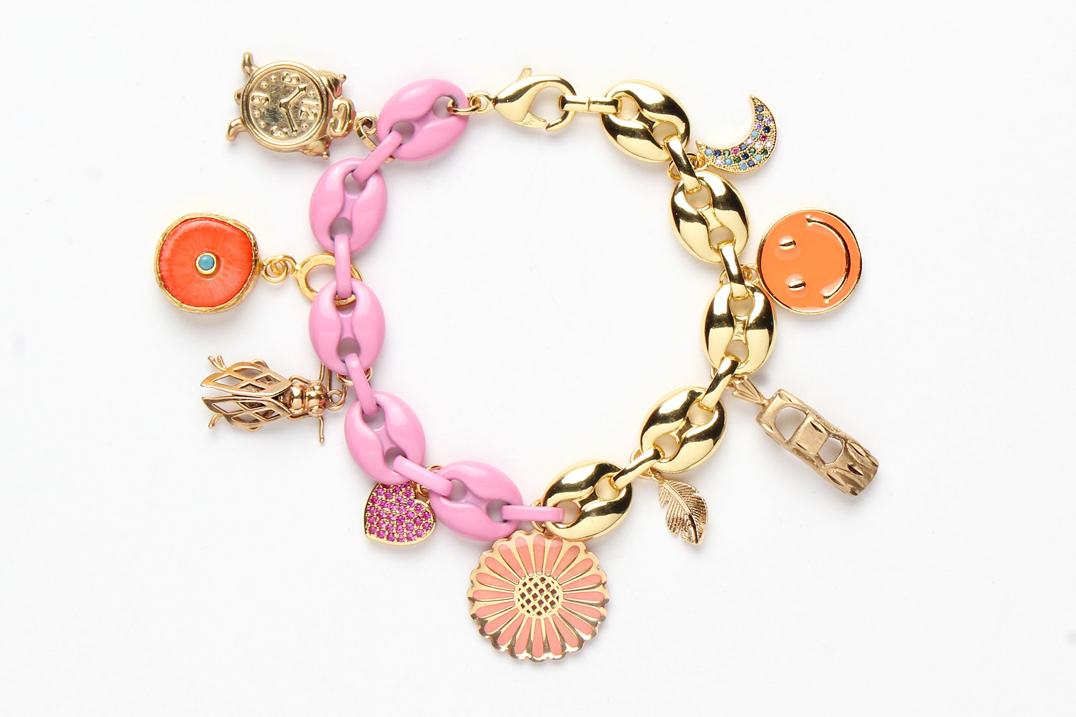 Contemporary CLARISSA BRONFMAN Pink Enamel Gold Ruby Naval Link Charm Bracelet For Sale