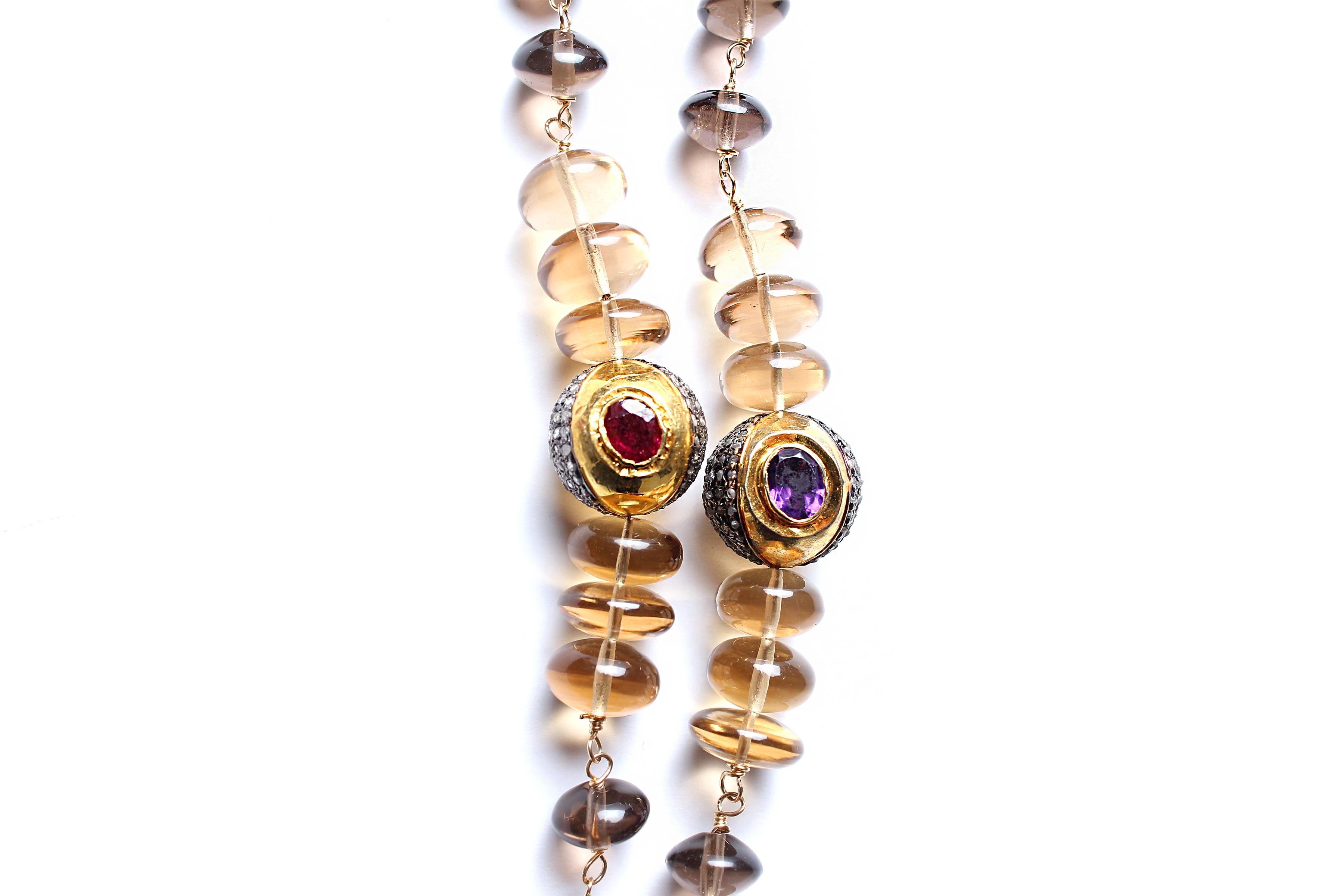 Clarissa Bronfman Quartz 14k Gold Diamond Garnet Ruby Amethyst Clover Rosary In New Condition In New York, NY