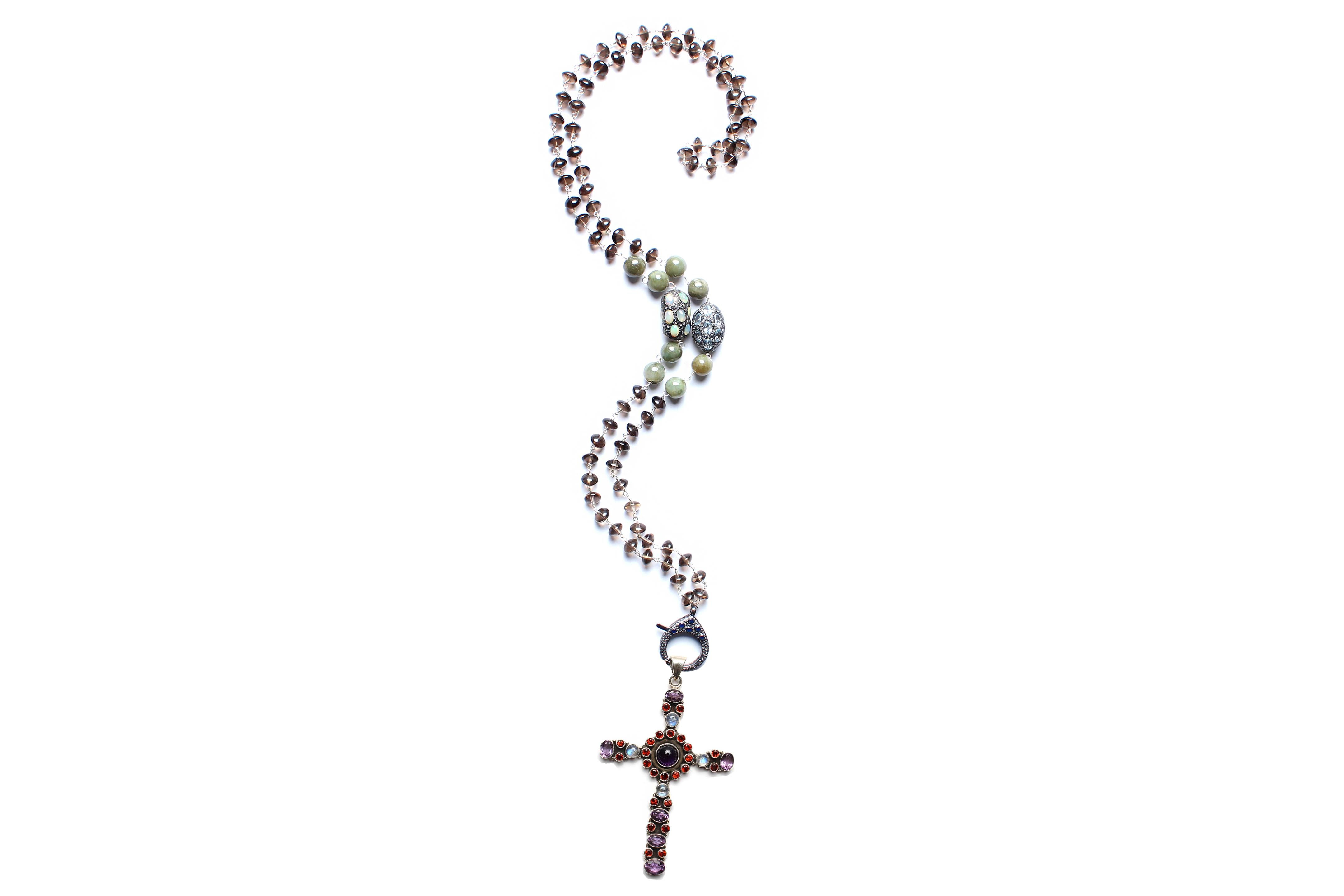 Clarissa Bronfman Quartz Opal Diamond Rosary & Ruby Amethyst Cross Pendant In New Condition For Sale In New York, NY