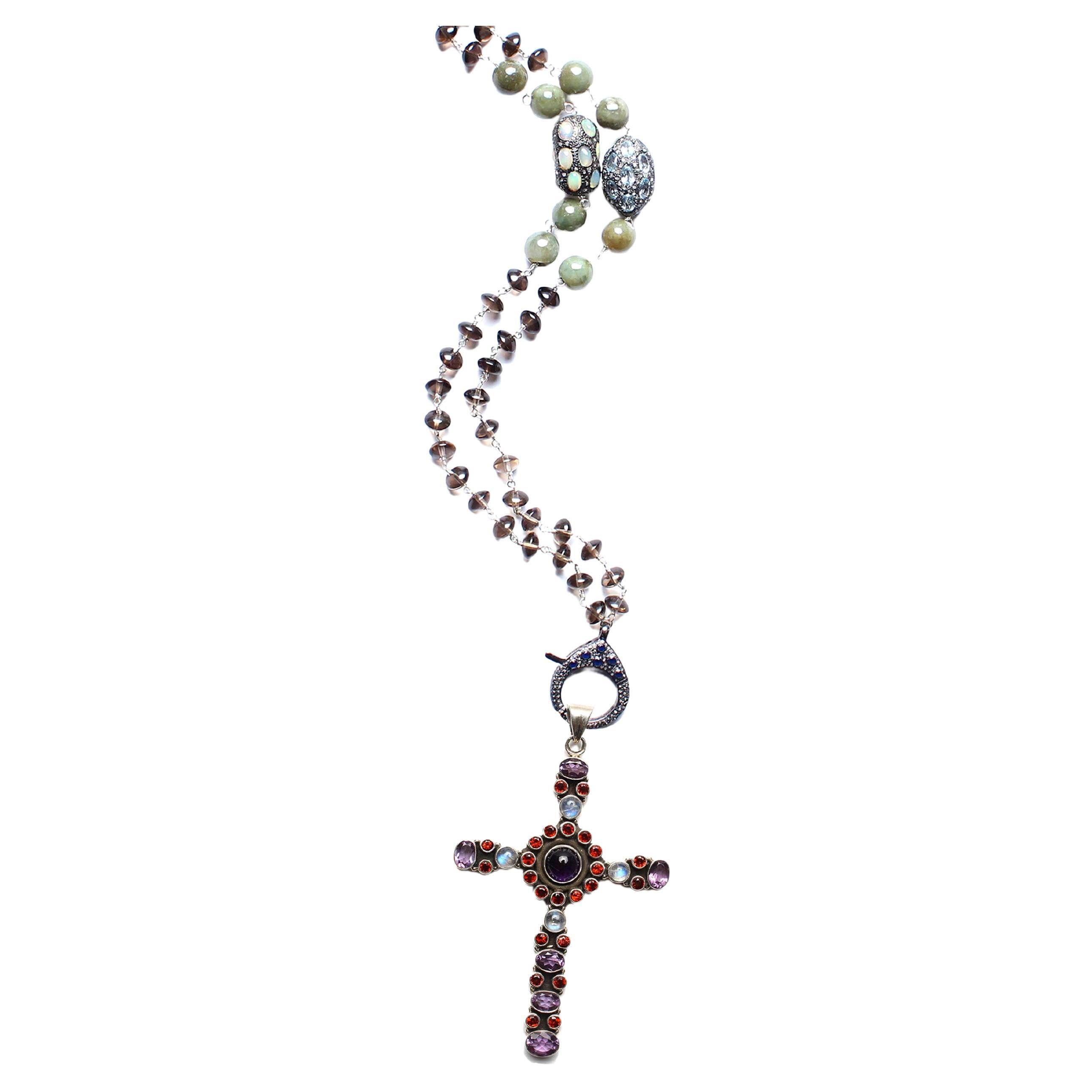 Clarissa Bronfman Quartz Opal Diamond Rosary & Ruby Amethyst Cross Pendant For Sale