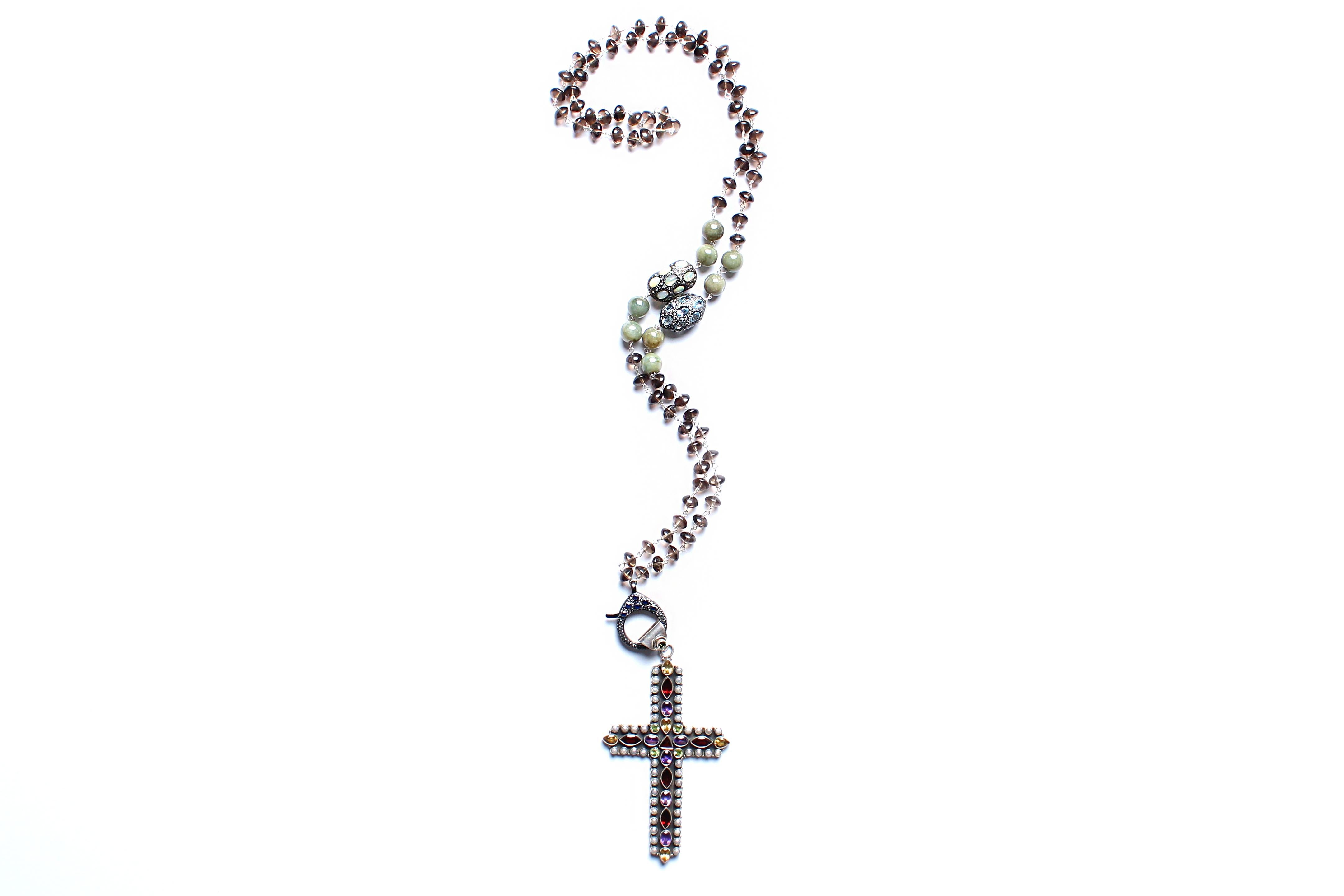 Contemporary Clarissa Bronfman Quartz Opal Topaz Diamond Peridot Garnet Cross Rosary Necklace