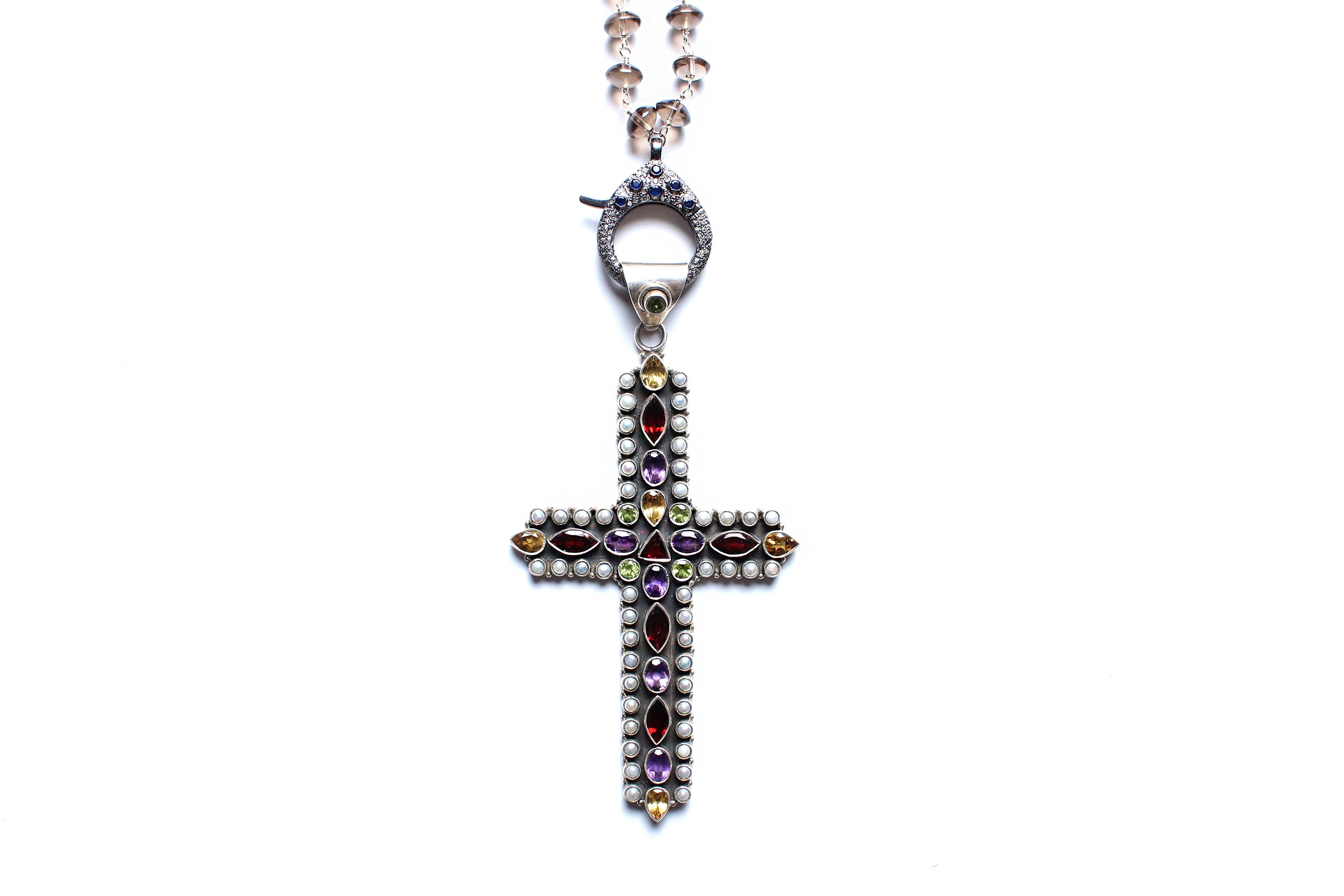 Women's or Men's Clarissa Bronfman Quartz Opal Topaz Diamond Peridot Garnet Cross Rosary Necklace