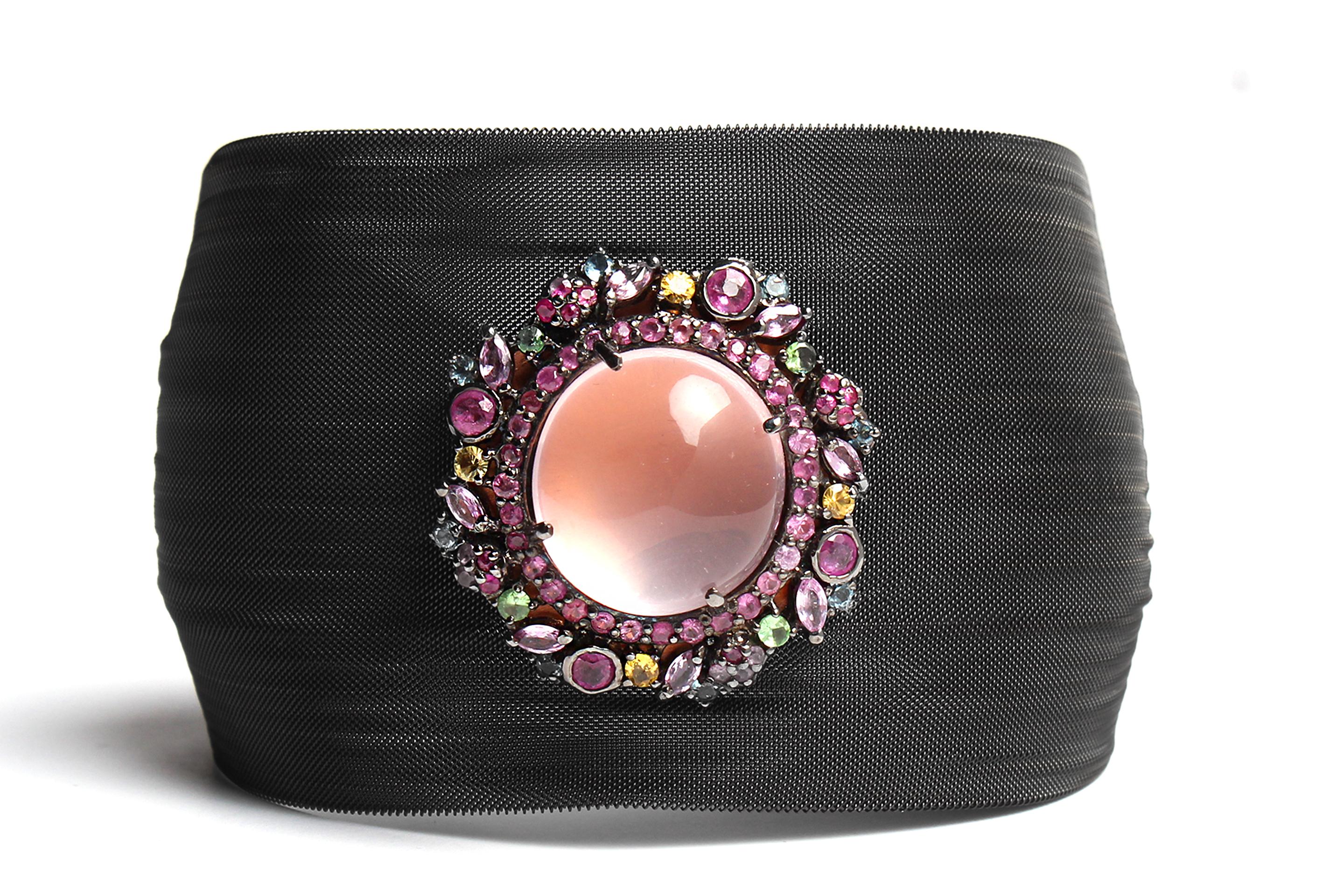 Women's or Men's Clarissa Bronfman Quartz Pink Sapphire Mesh Cuff Bracelet For Sale