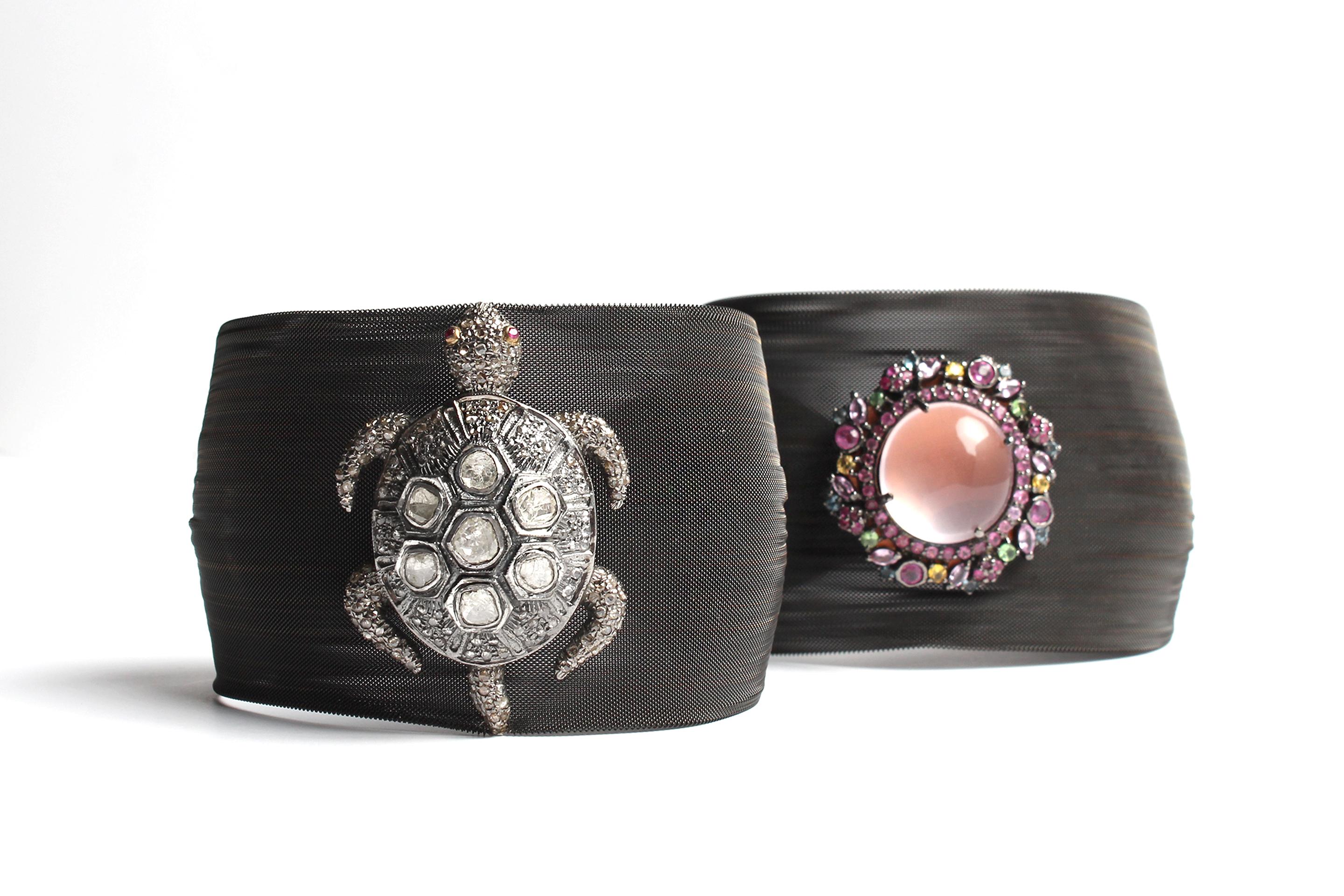 Clarissa Bronfman Quartz Pink Sapphire Mesh Cuff Bracelet For Sale 3