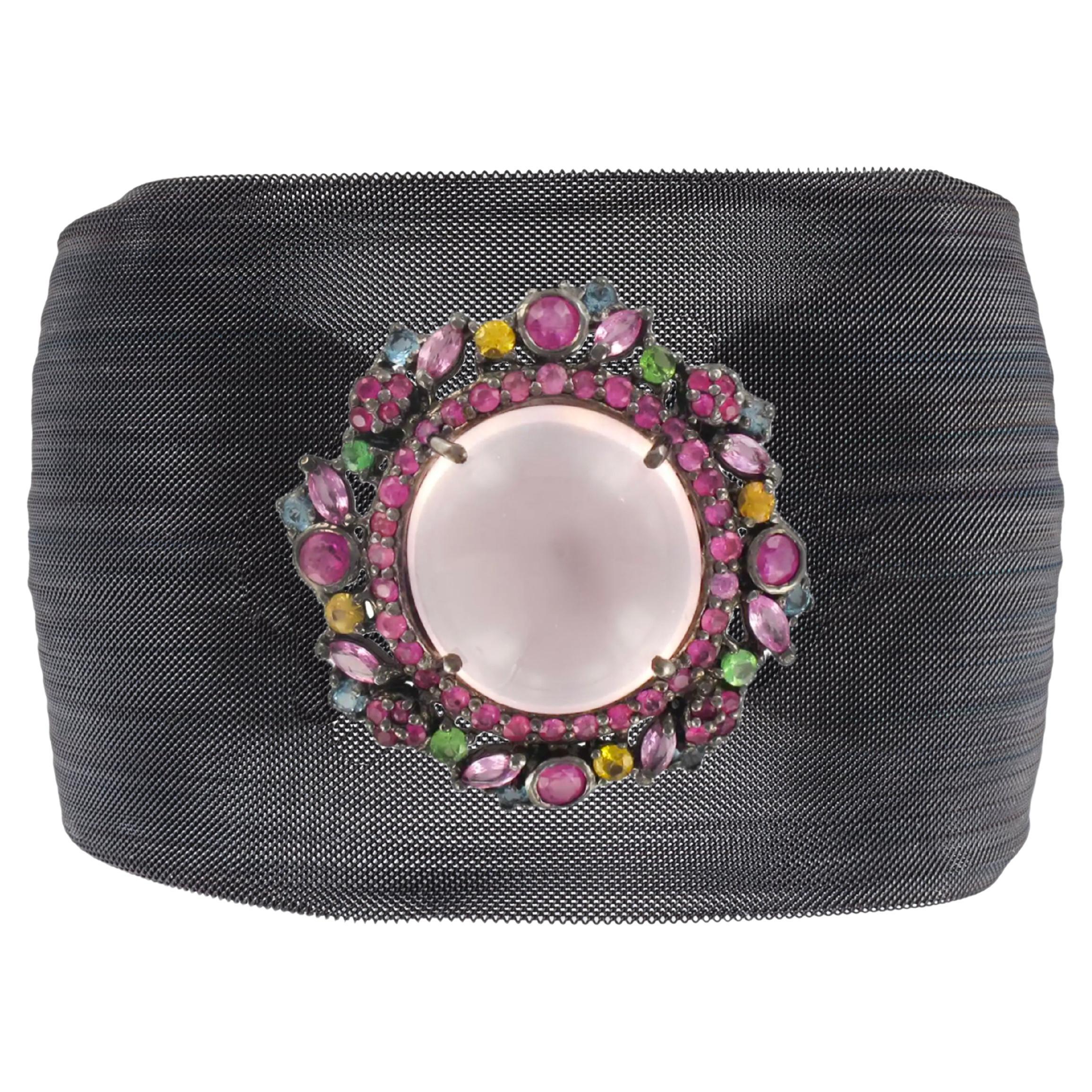 Clarissa Bronfman Quartz Pink Sapphire Mesh Cuff Bracelet For Sale