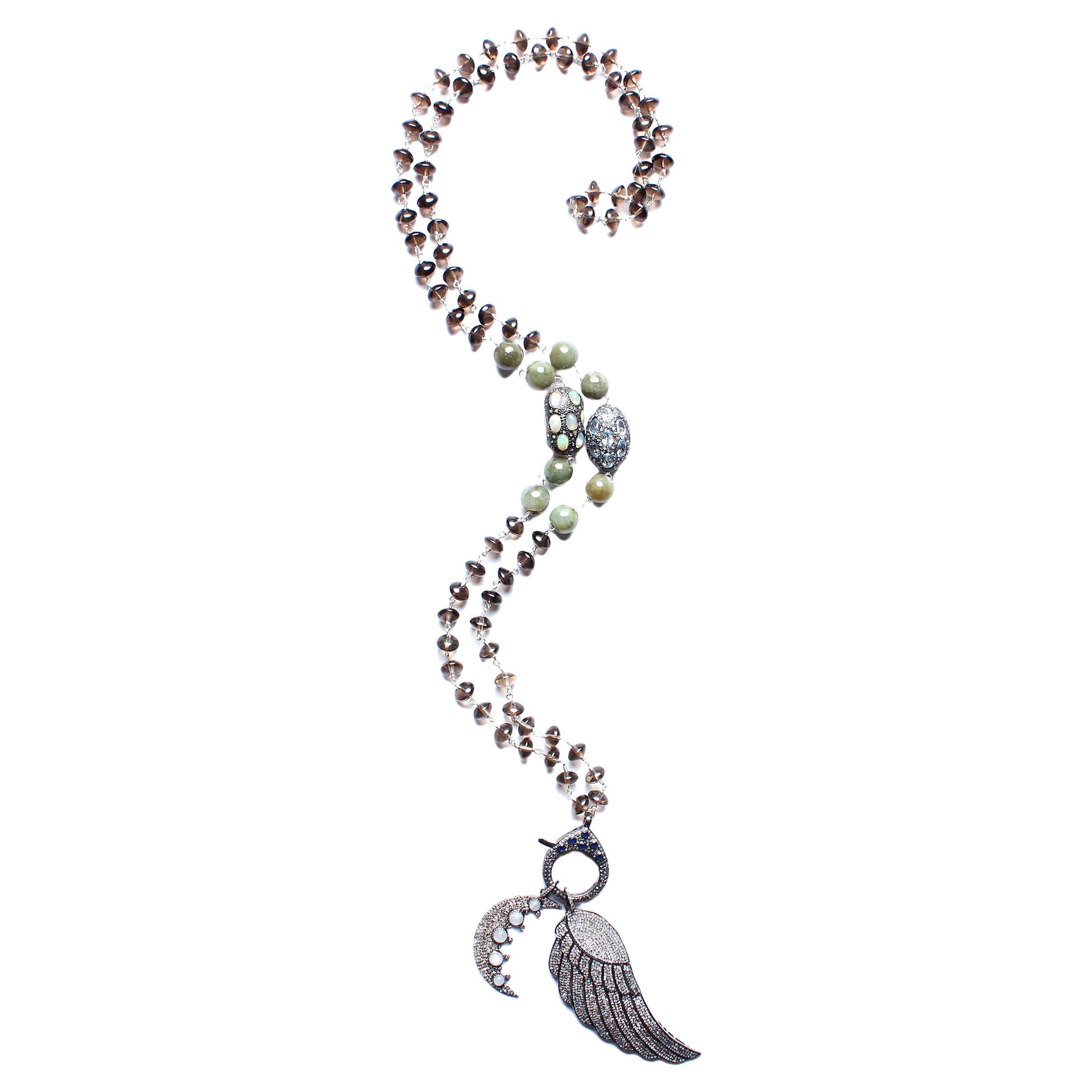 Clarissa Bronfman Quartz Sapphire Opal Topaz Diamond Wing Moon Rosary Necklace For Sale