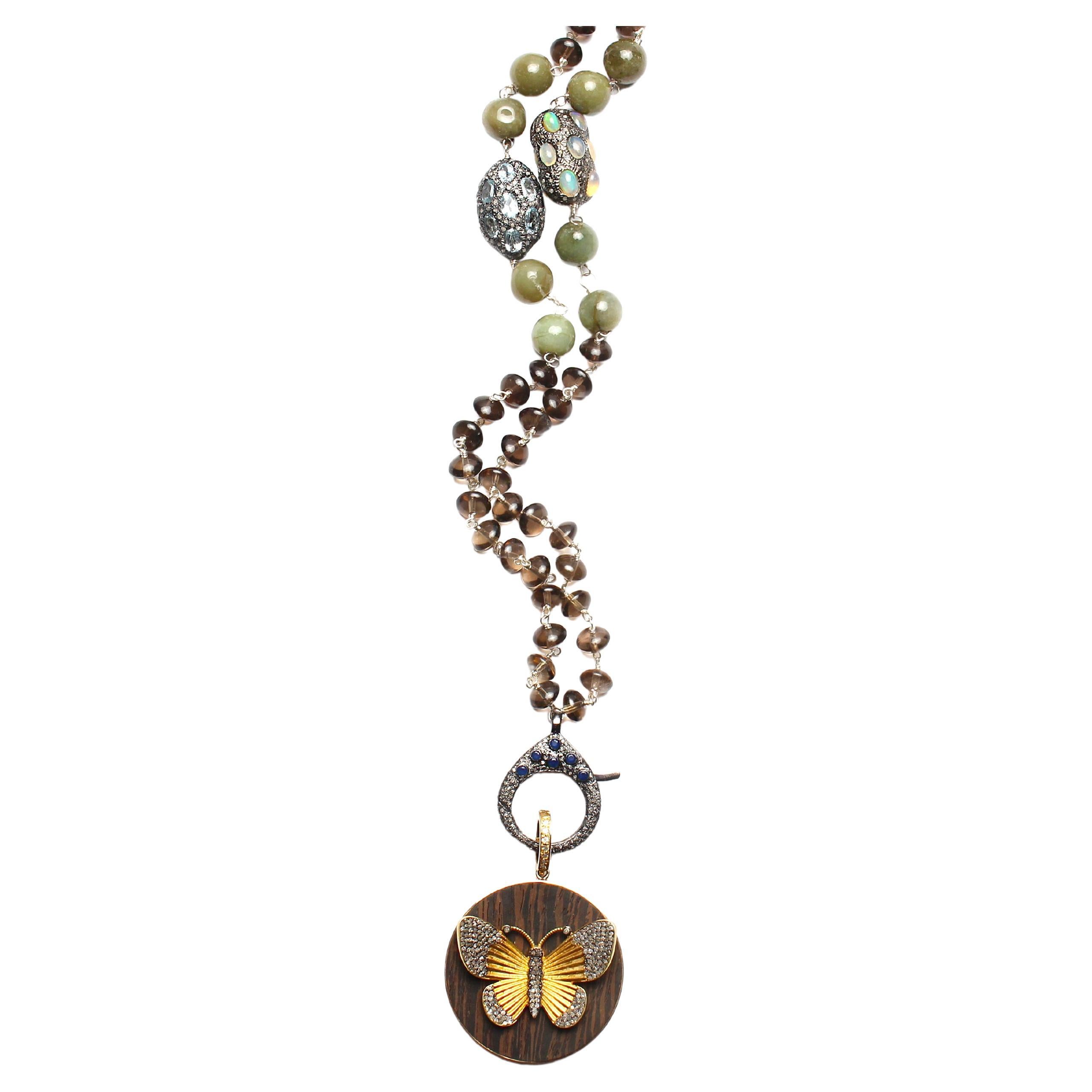 Clarissa Bronfman Quartz Tanzanite Opal Diamond Gold Ebony Butterfly Rosary Neck For Sale