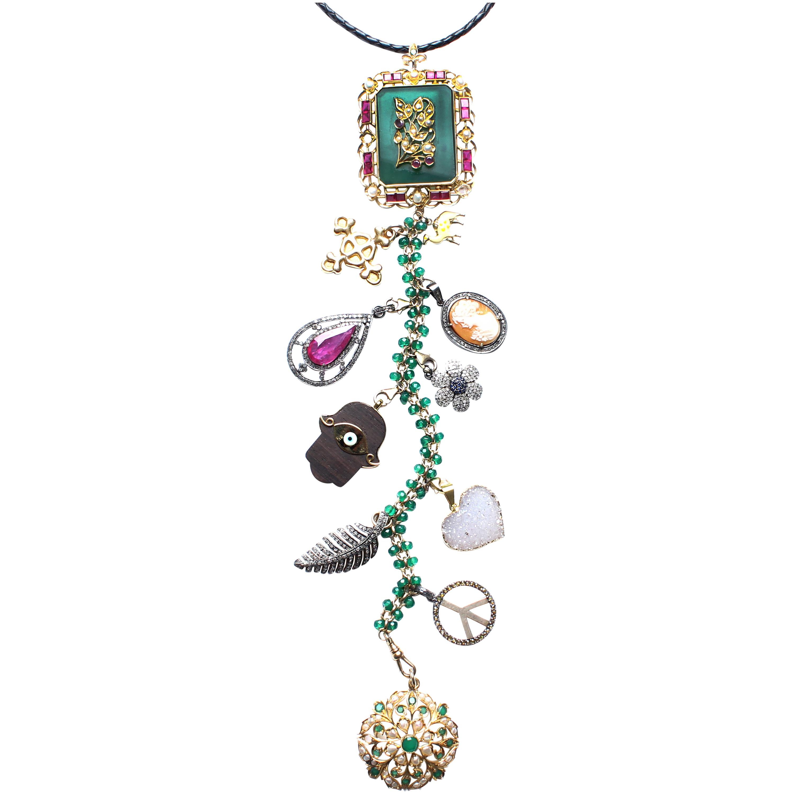 Clarissa Bronfman 'Queen Shiva I" Emerald, Ruby, Diamond Symbol Tree Necklace