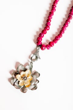 Clarissa Bronfman Raw Ruby, Diamond Two-Tone Flower Pendant Beaded Necklace