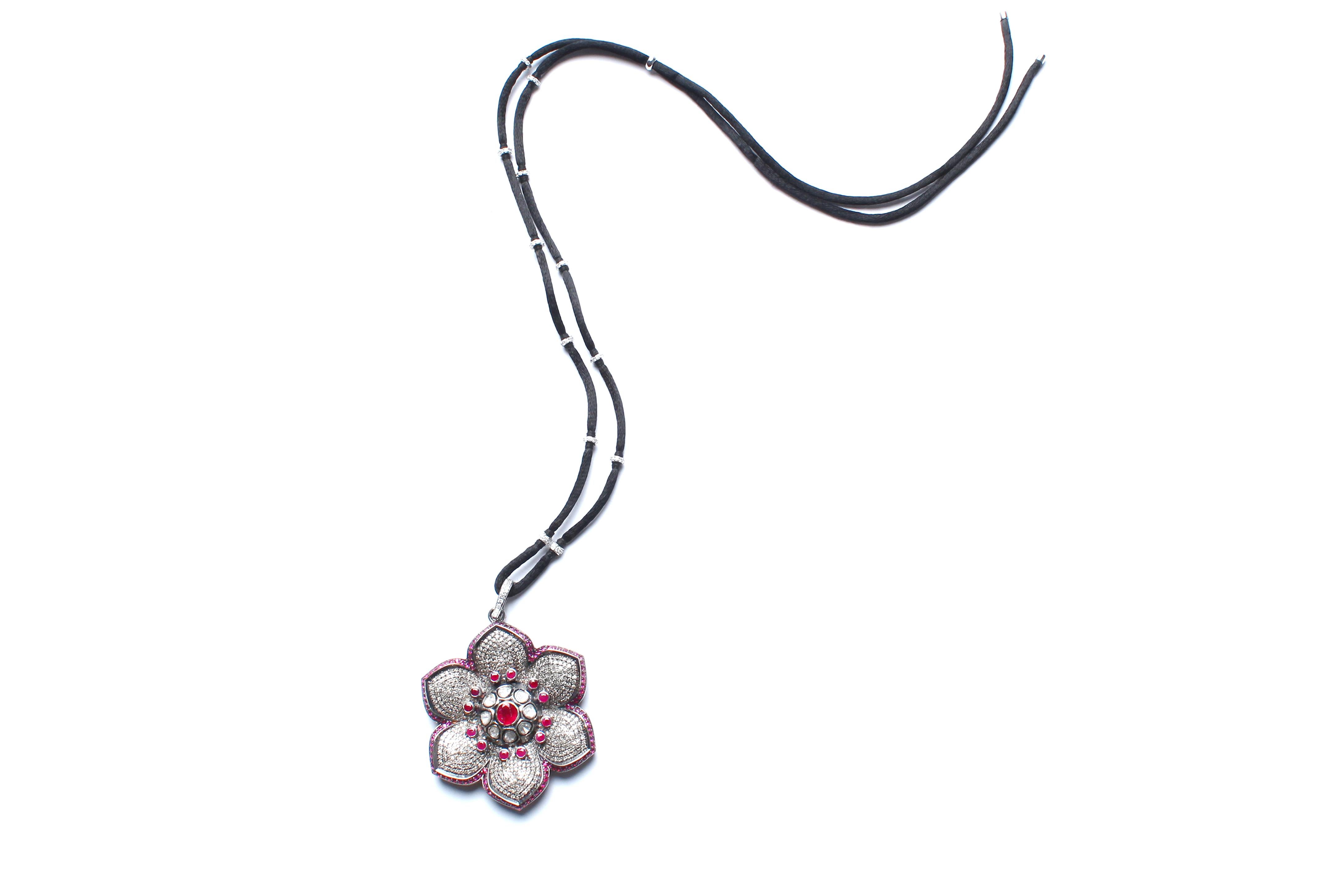 Contemporary Clarissa Bronfman Rose Cut Diamond, Ruby, Flower Pendant on Suede Diamond Cord