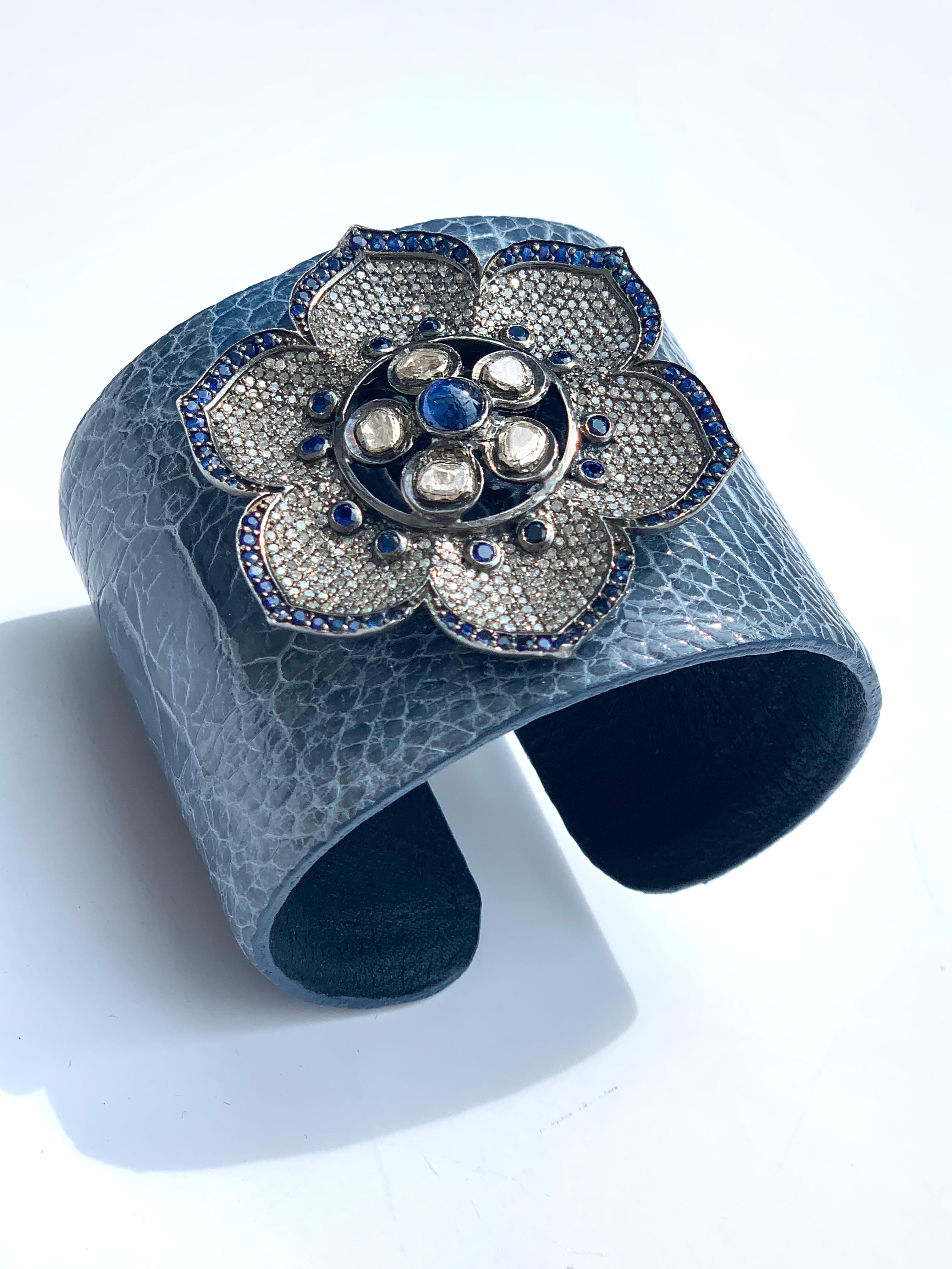 Women's or Men's Clarissa Bronfman Rose Cut Diamond, Sapphire, Flower Crocodile Skin Bracelet
