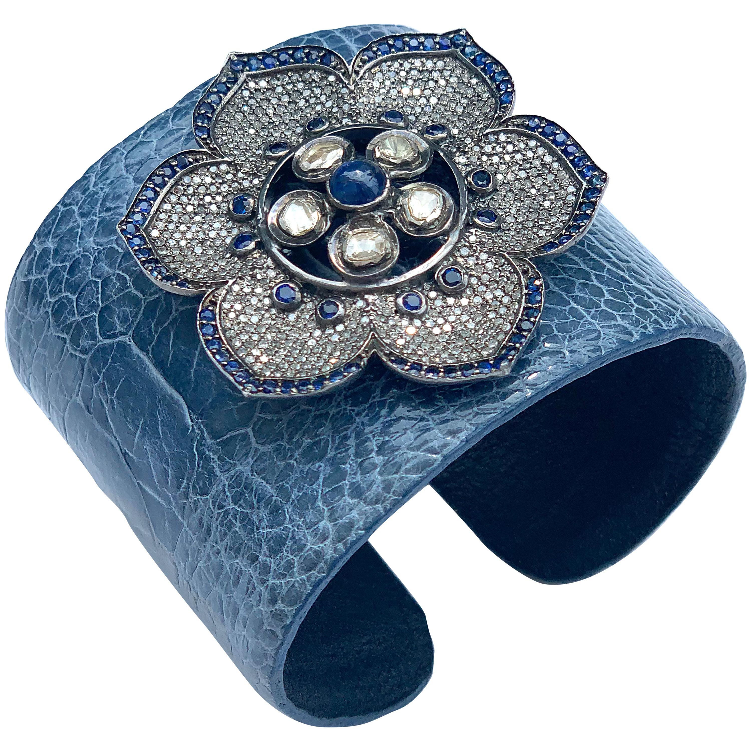 Clarissa Bronfman Rose Cut Diamond, Sapphire, Flower Crocodile Skin Bracelet