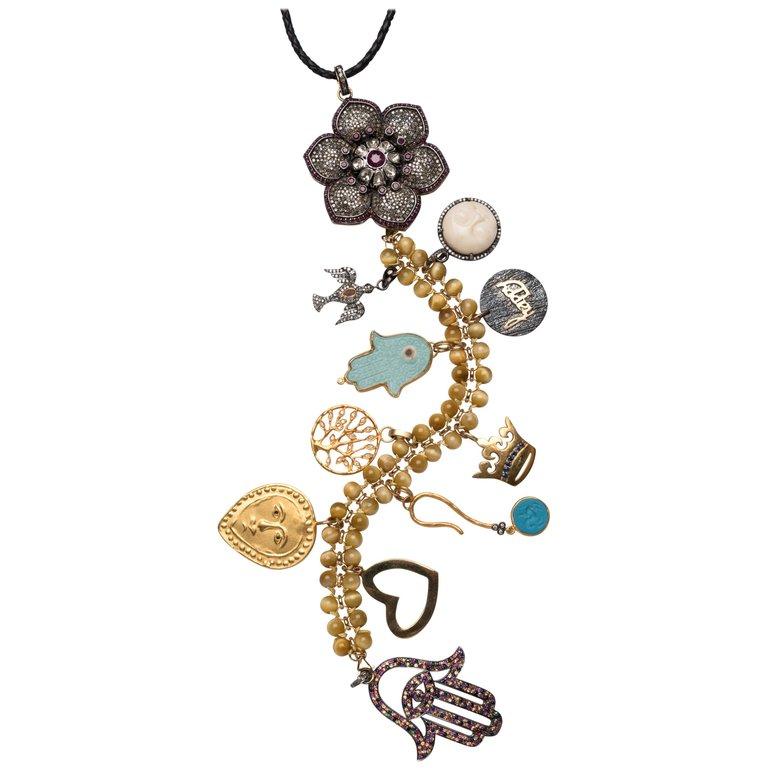 Contemporary Clarissa Bronfman Ruby, Diamond, Bone Sapphire 'Wild Child' Symbol Tree Necklace