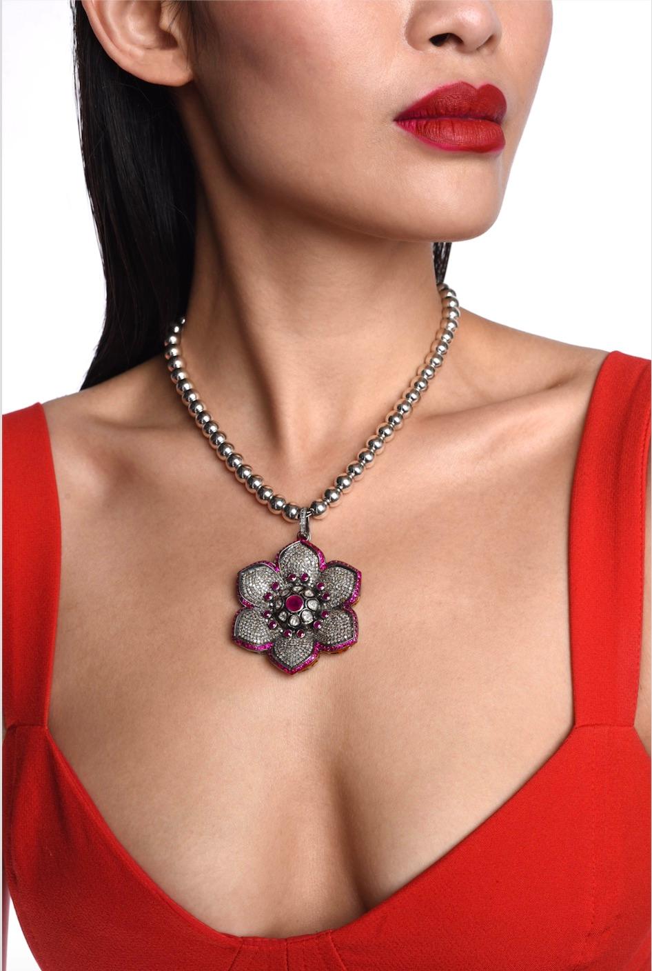 Clarissa Bronfman Ruby Diamond Rose Cut Diamond Flower on Silver Bead Chain In New Condition In New York, NY