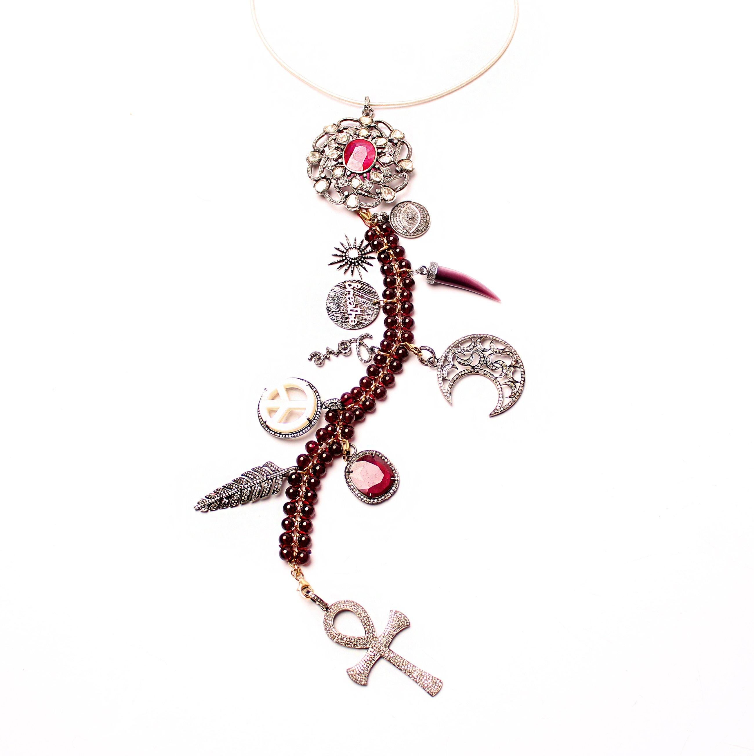 Contemporary Clarissa Bronfman Ruby, Diamond, Silver, Gold 'Scarlet' Symbol Tree Necklace