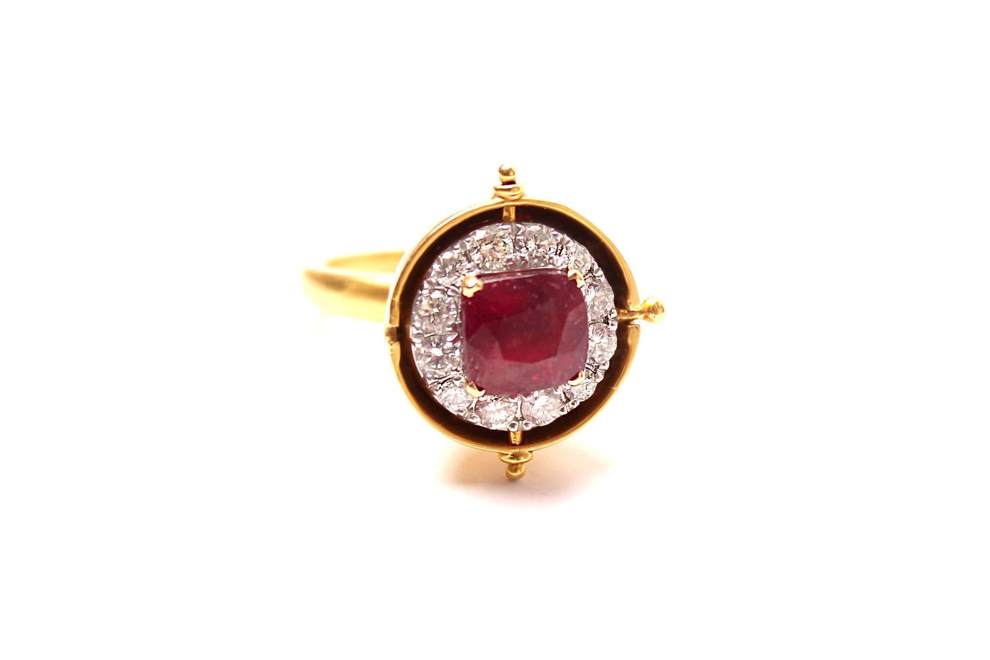 Women's or Men's Clarissa Bronfman Ruby, Diamond, Gold 'Peekaboo' Ring