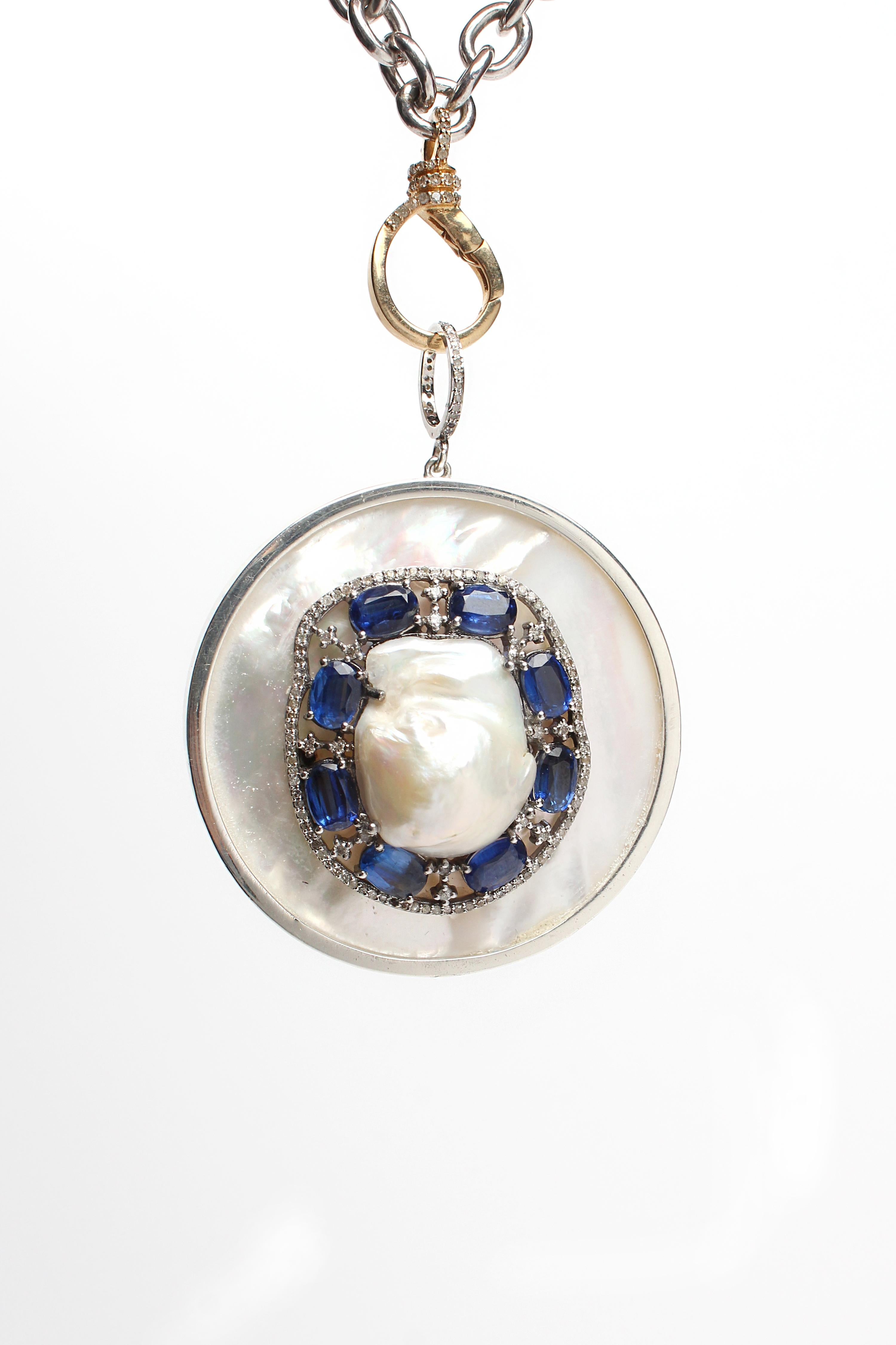 Contemporary Clarissa Bronfman Sapphire Diamond Pearl Silver Pendant on Gold Silver Chain 18