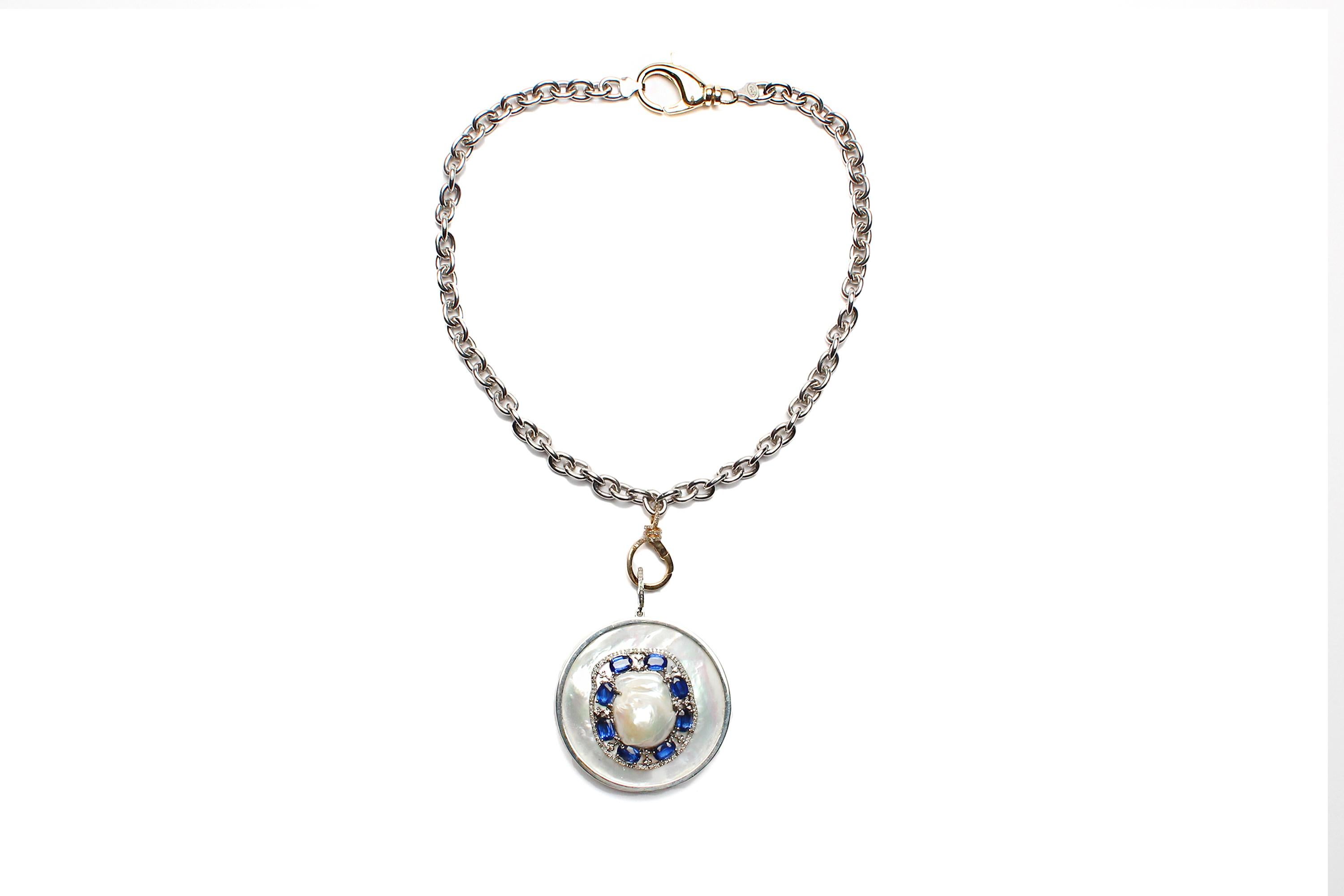 Women's or Men's Clarissa Bronfman Sapphire Diamond Pearl Silver Pendant on Gold Silver Chain 18