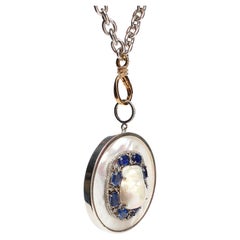 Clarissa Bronfman Sapphire Diamond Pearl Silver Pendant on Gold Silver Chain 18"