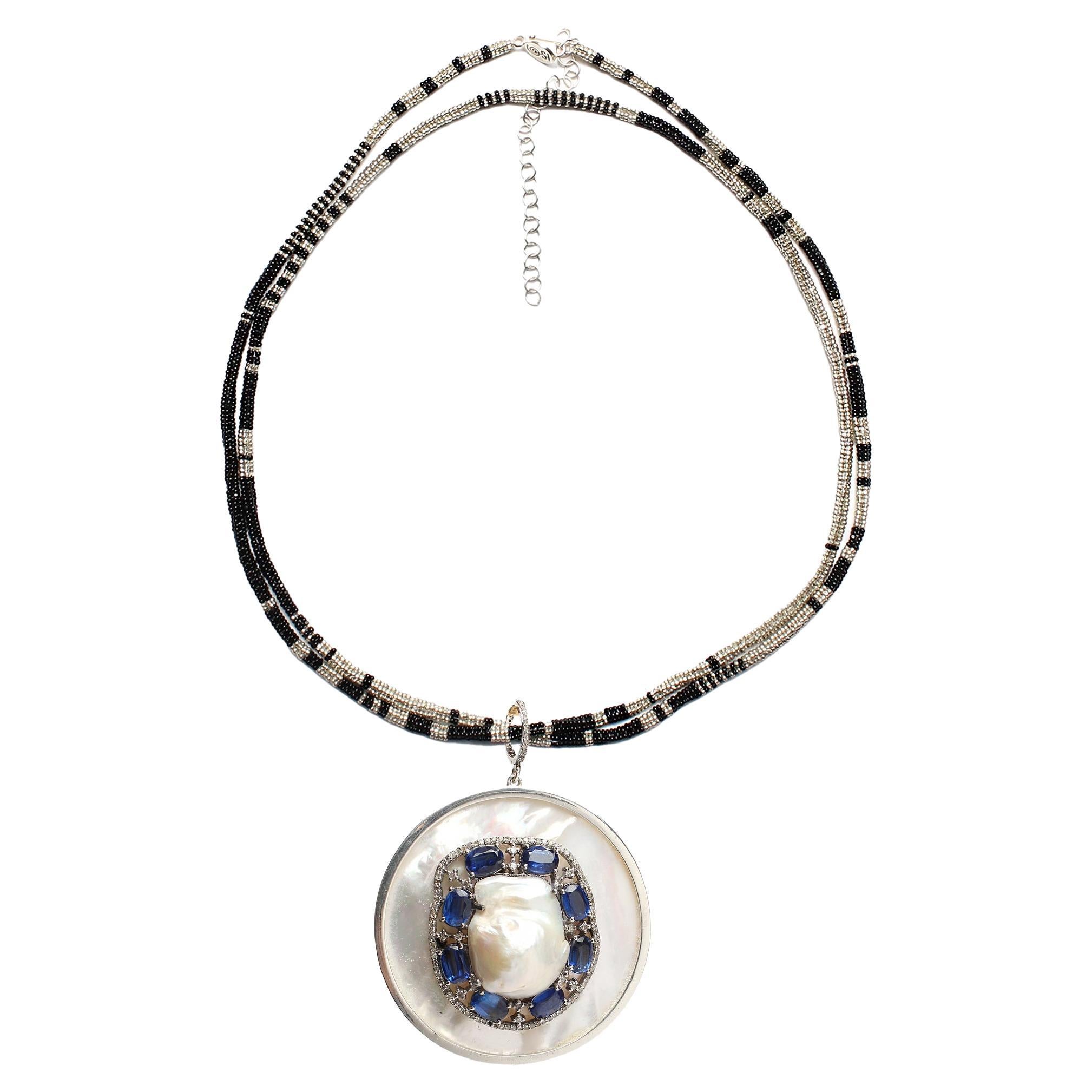 CLARISSA BRONFMAN Sapphire Pearl Diamond Pendant & Black Silver Alonso Necklace