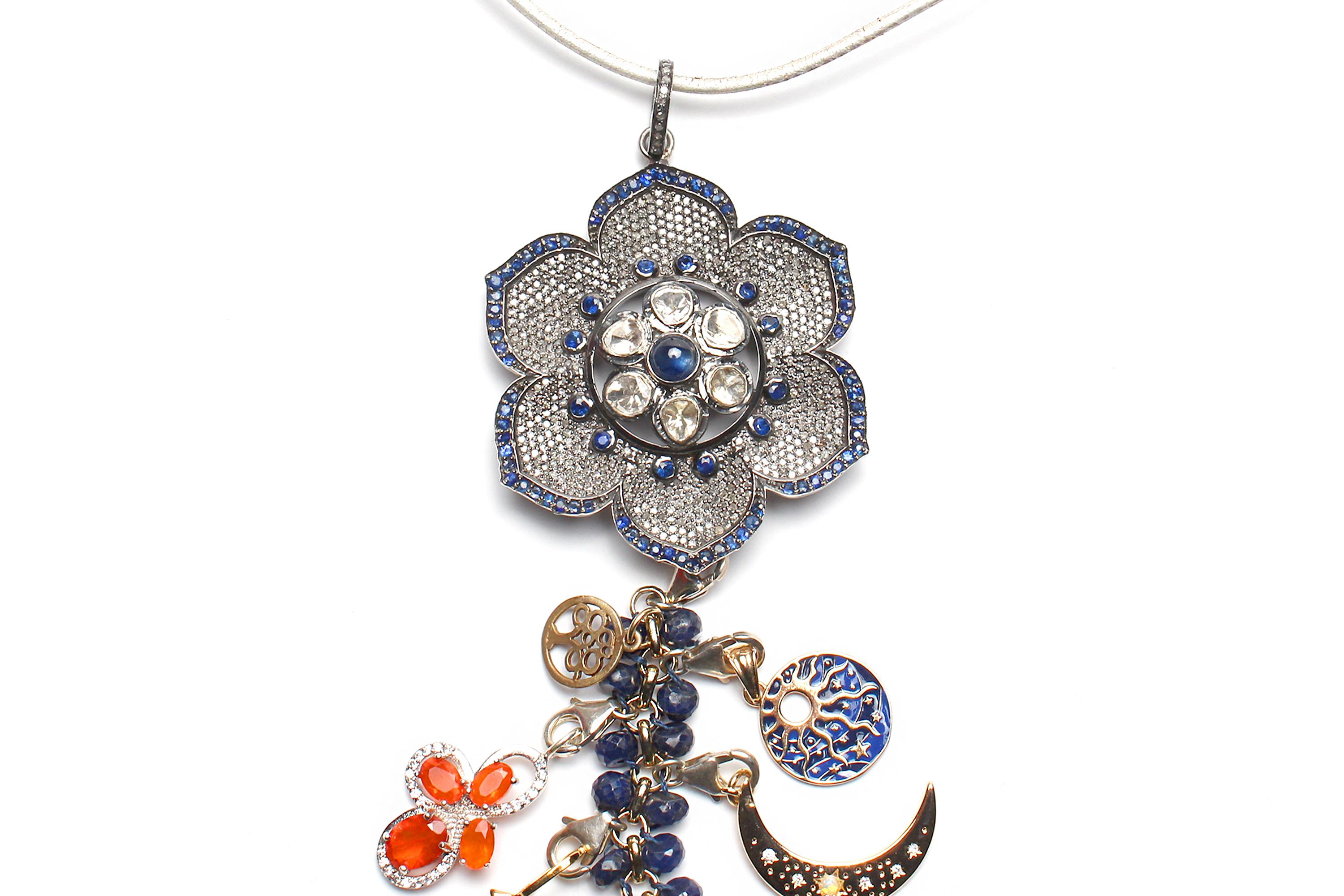 Women's or Men's CLARISSA BRONFMAN Sapphire Polki Diamond Flower & Black Silver 