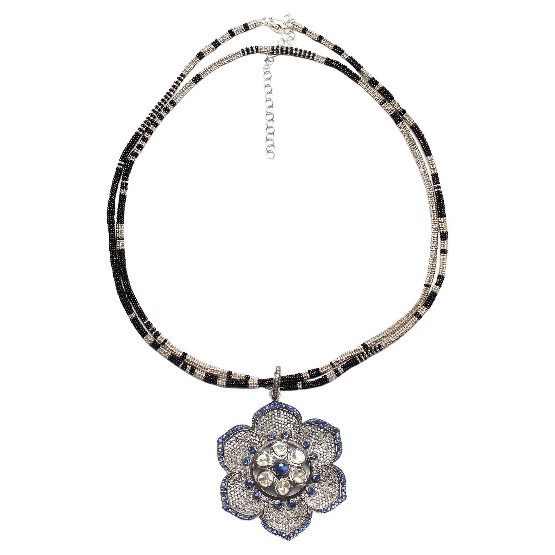 CLARISSA BRONFMAN Sapphire Polki Diamond Flower & Black Silver "Alonso" Necklace For Sale