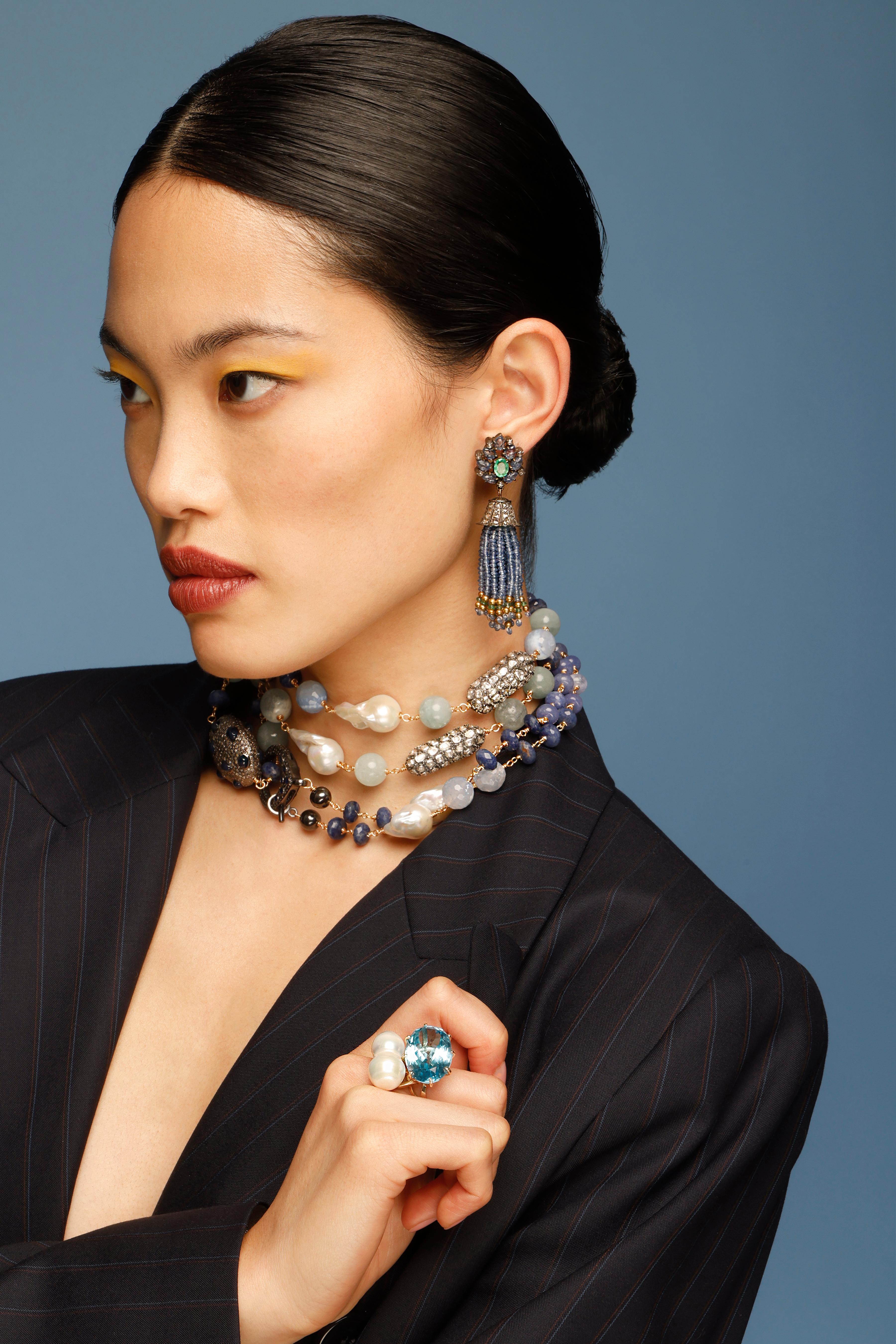 CLARISSA BRONFMAN Saphir Polki Diamant Blume Tansanit Perle Carmen Halskette im Angebot 4