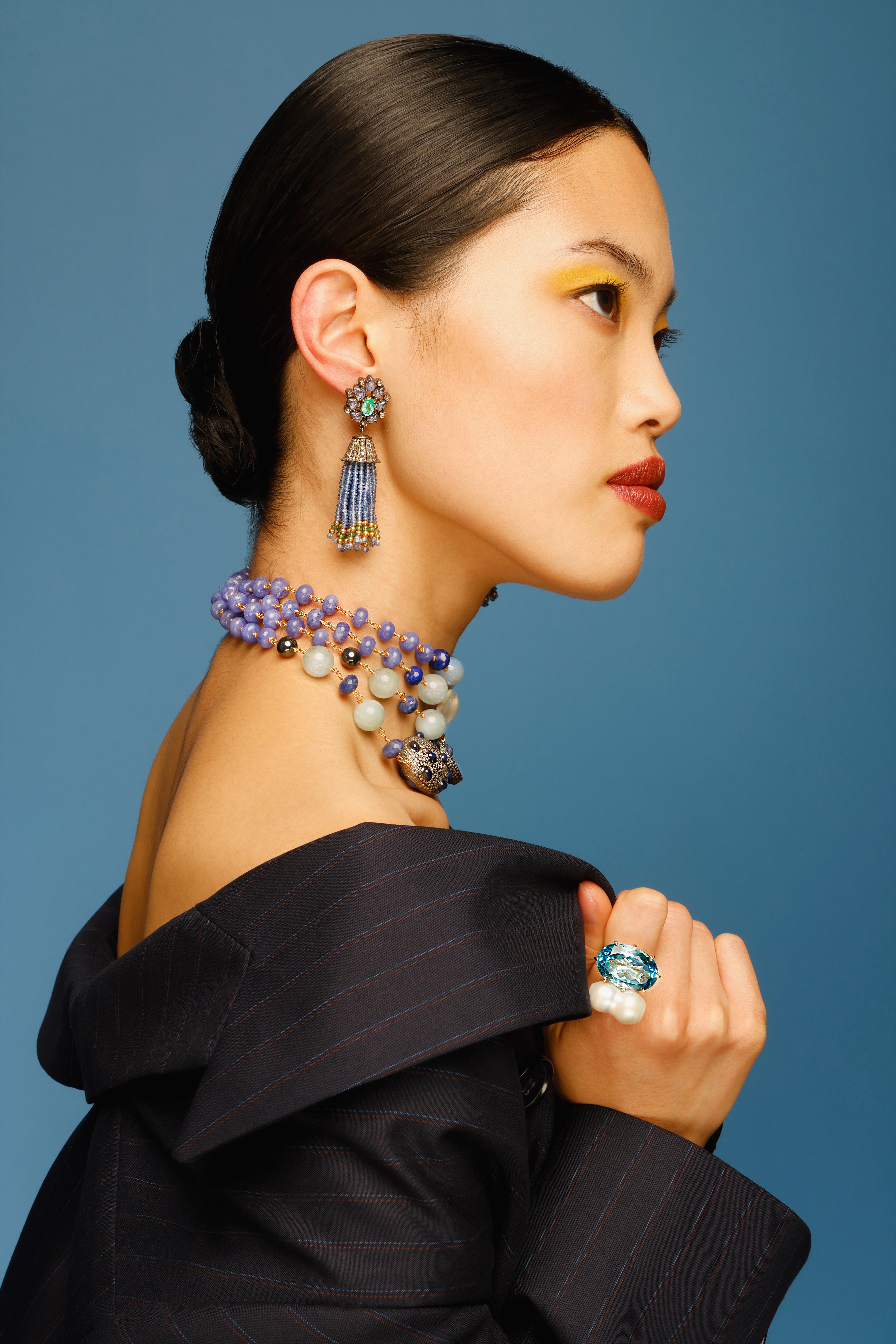 CLARISSA BRONFMAN Saphir Polki Diamant Blume Tansanit Perle Carmen Halskette (Zeitgenössisch) im Angebot