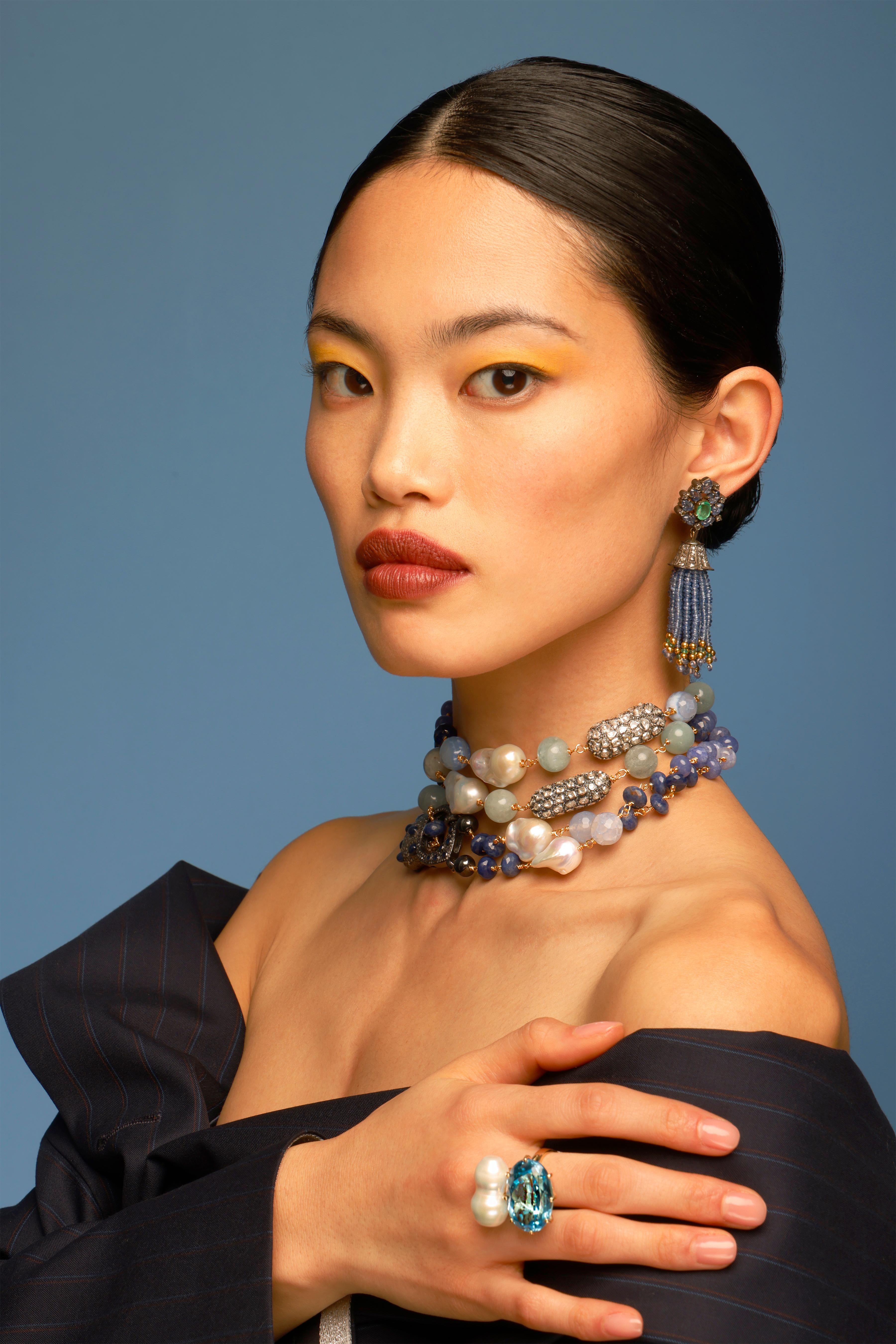 CLARISSA BRONFMAN Saphir Polki Diamant Blume Tansanit Perle Carmen Halskette für Damen oder Herren im Angebot